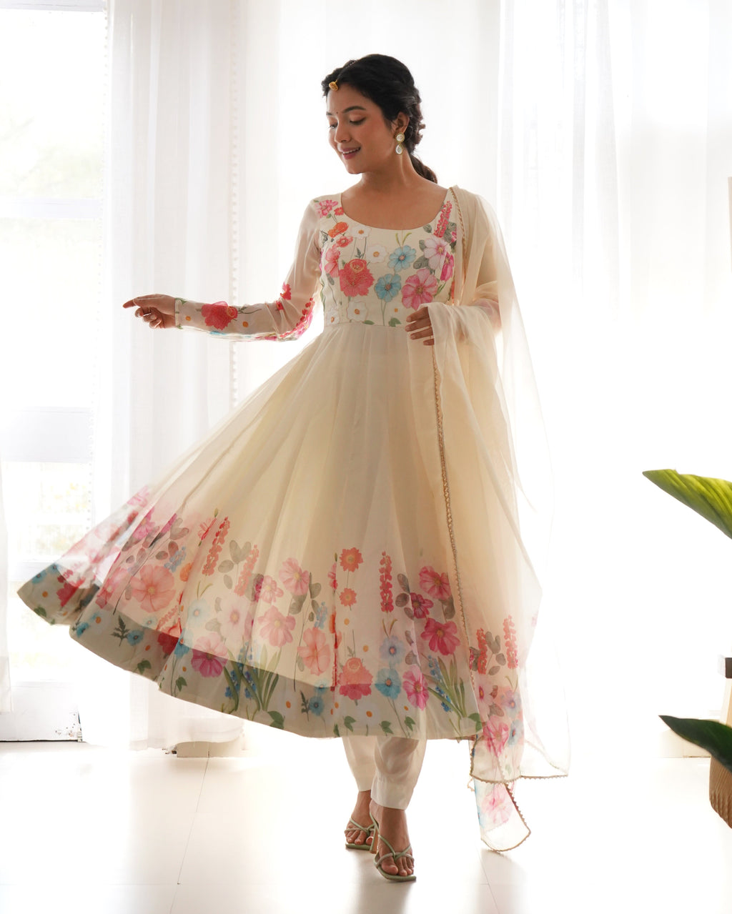 Eloriya Ivory Soft Orghanza Flower Suit | Eloriya India