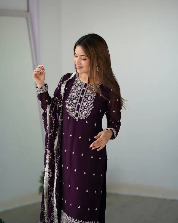 Eloriya Wine Color Premium Quality Suit Set Dt -273 - Royal Purple | Eloriya India