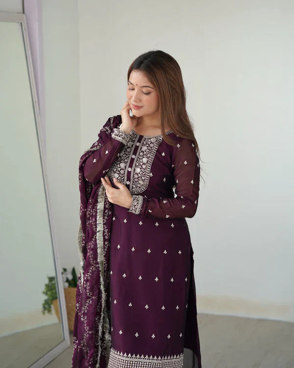 Eloriya Wine Color Premium Quality Suit Set Dt -273 - Royal Purple | Eloriya India