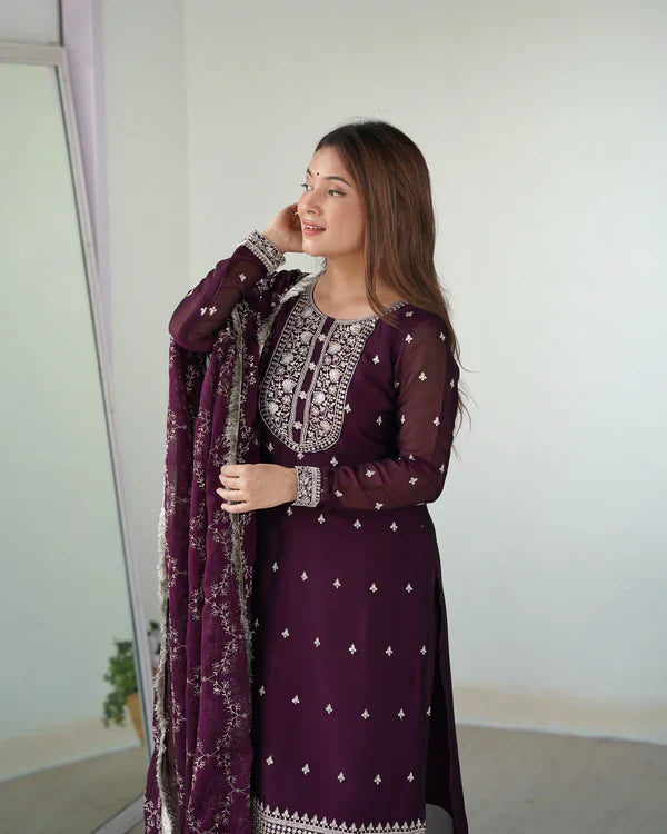 Eloriya Wine Color Premium Quality Suit Set Dt -273 - Royal Purple | Eloriya India