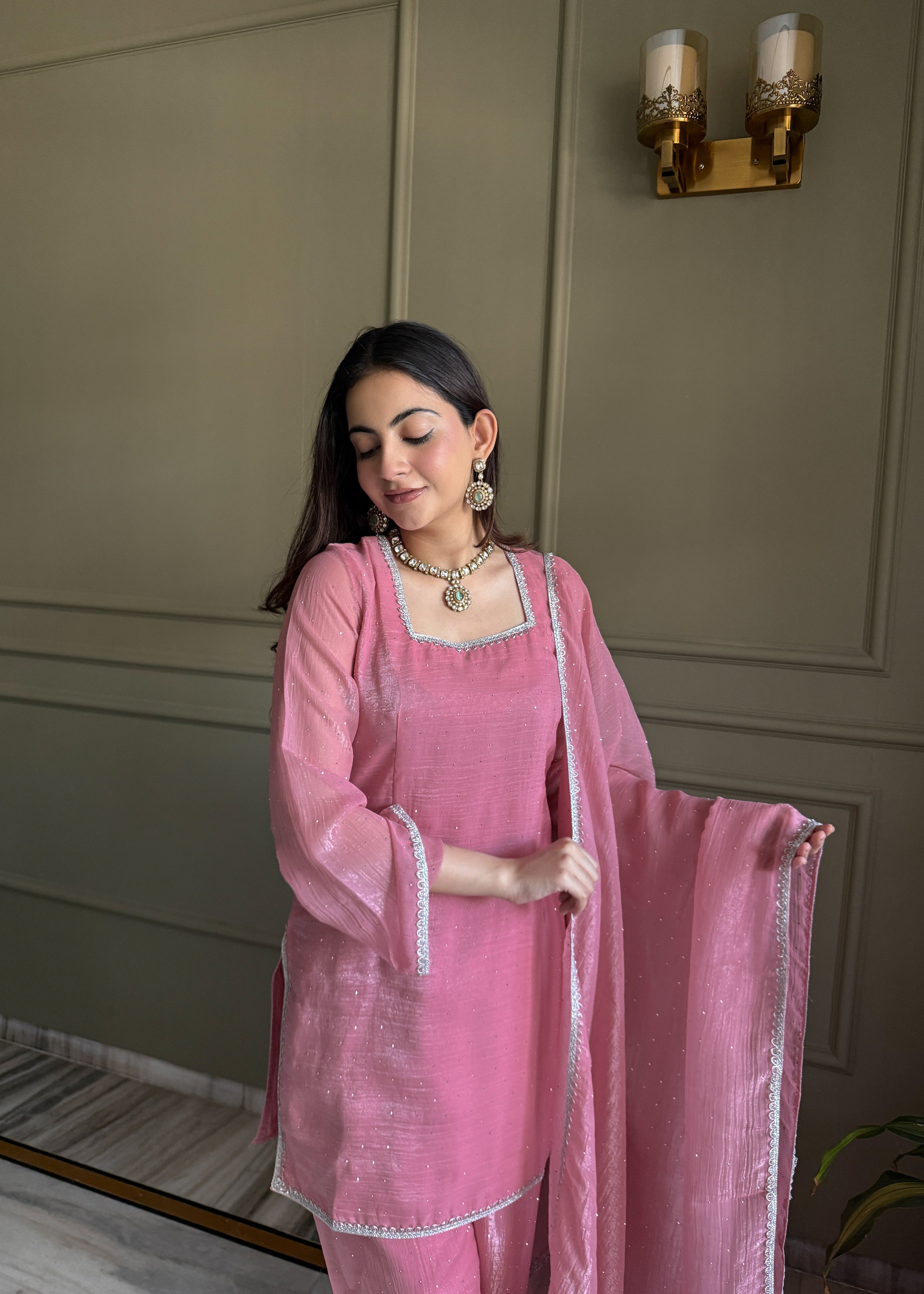 Eloriya Beautiful Pure Chinon Silk Fabric Straight Fit Kurta, Dupatta With Trouser Set - L [40] | Eloriya India