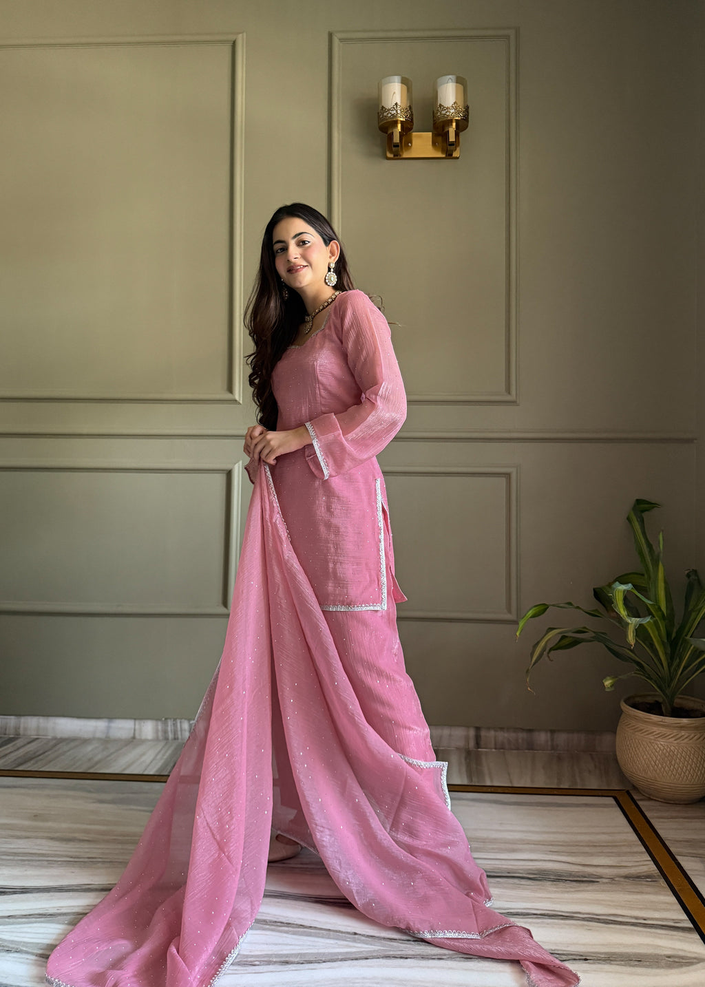 Eloriya Beautiful Pure Chinon Silk Fabric Straight Fit Kurta, Dupatta With Trouser Set - S [36] | Eloriya India