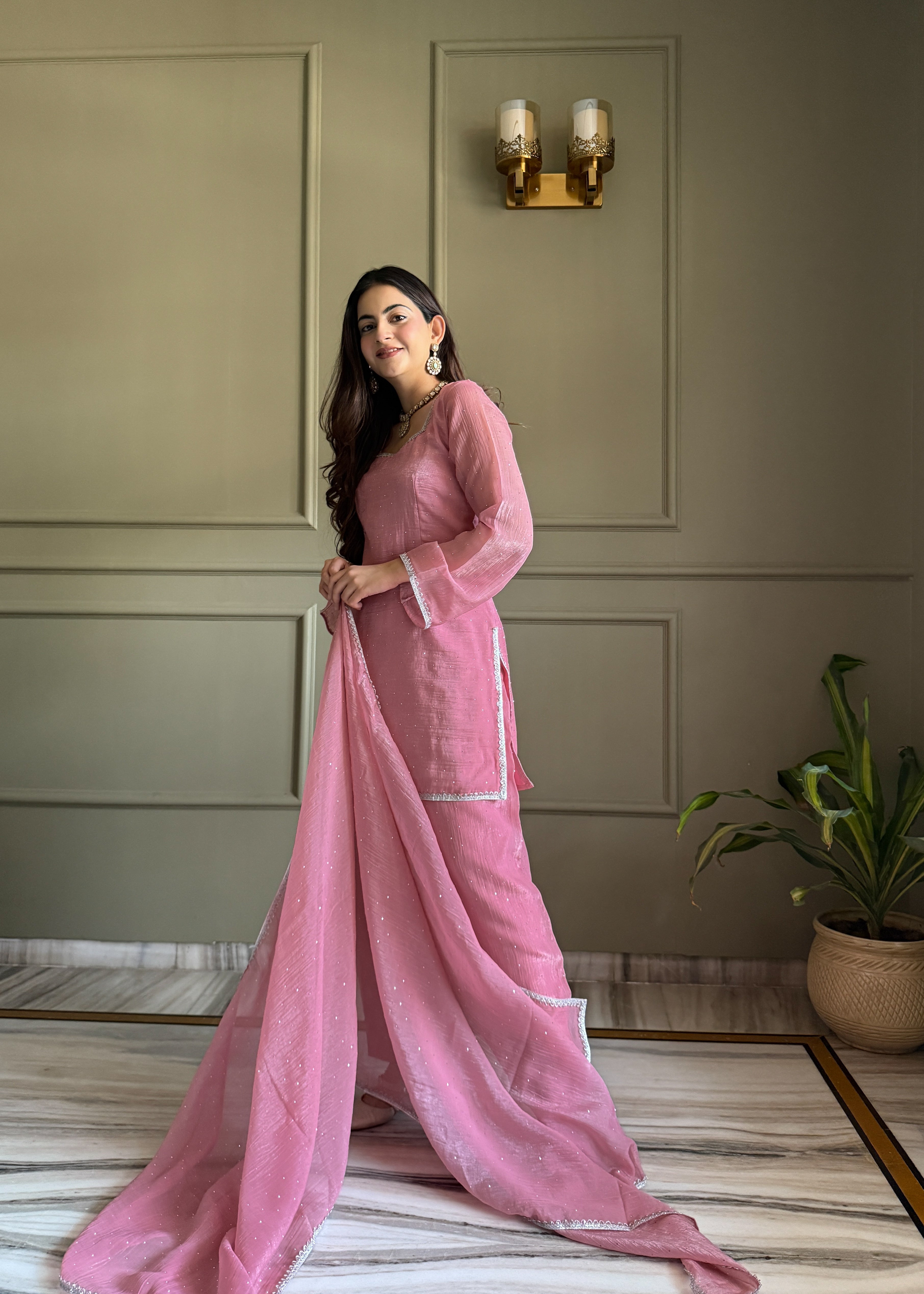 Eloriya Beautiful Pure Chinon Silk Fabric Straight Fit Kurta, Dupatta With Trouser Set - S [36] | Eloriya India