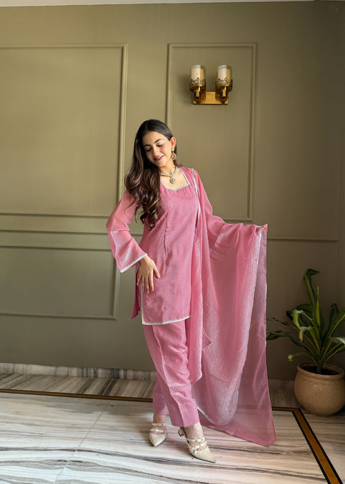 Eloriya Beautiful Pure Chinon Silk Fabric Straight Fit Kurta, Dupatta With Trouser Set - XS [34] | Eloriya India