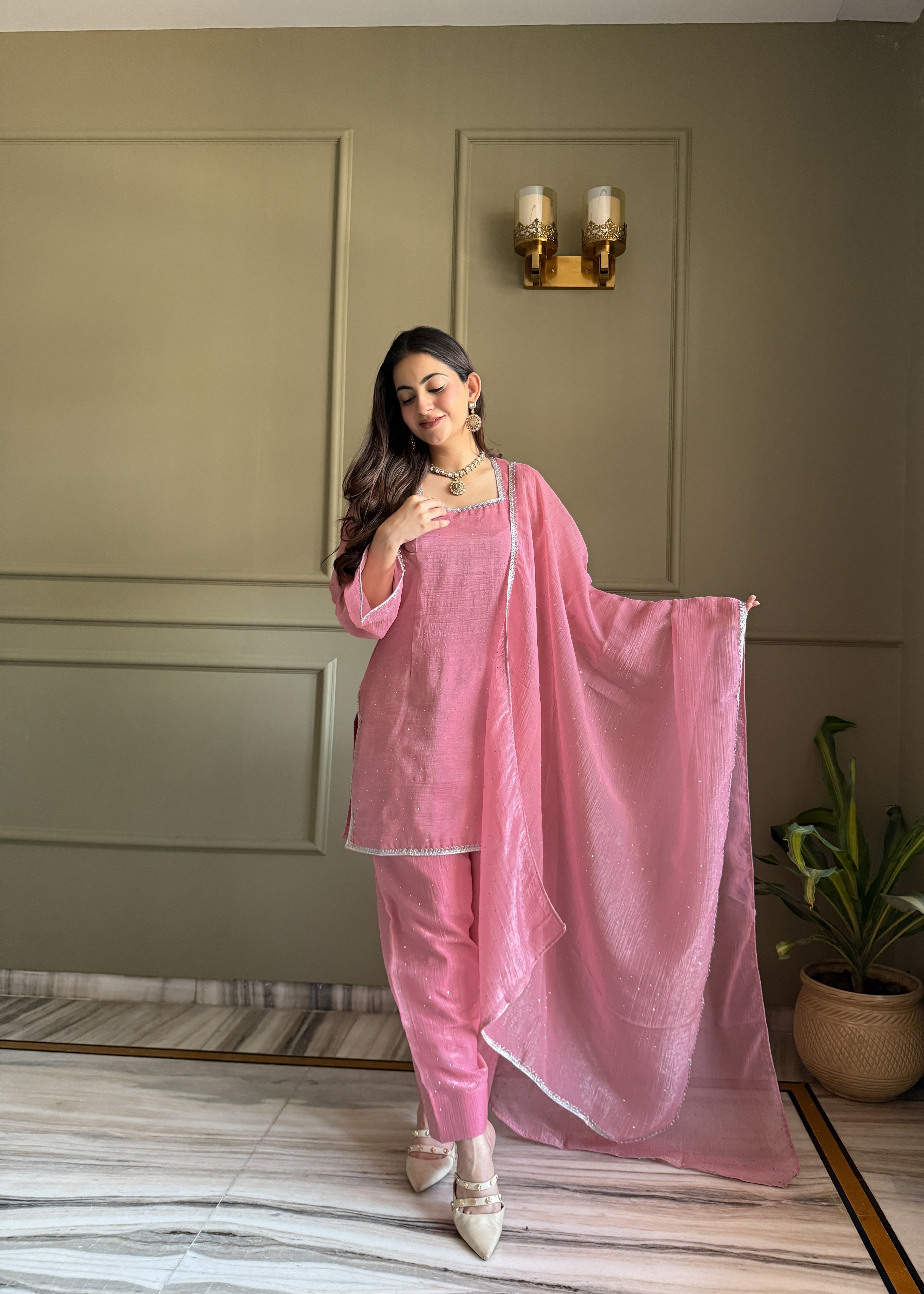 Eloriya Beautiful Pure Chinon Silk Fabric Straight Fit Kurta, Dupatta With Trouser Set - XL | Eloriya India