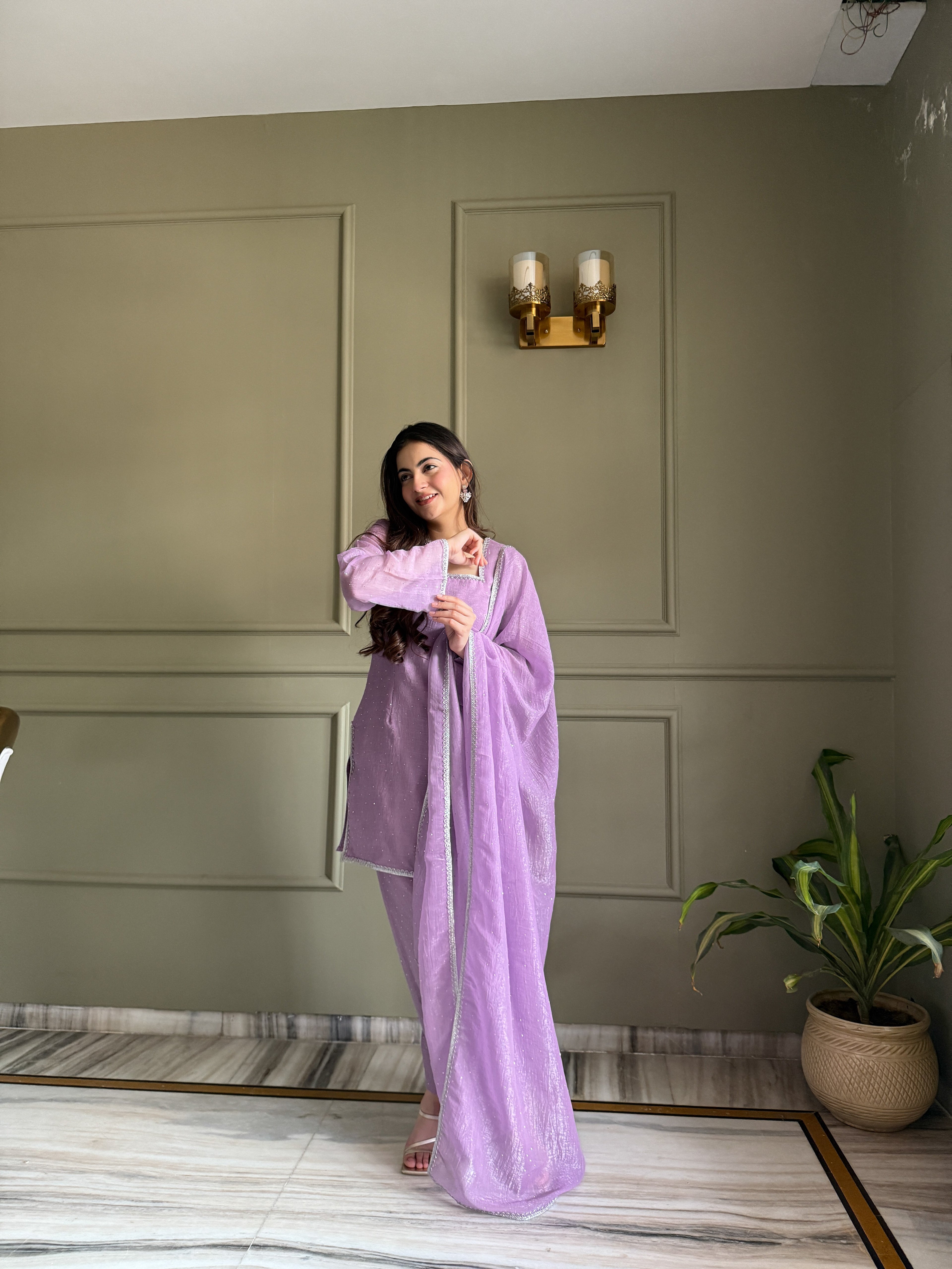 Eloriya Beautiful Pure Chinon Silk Fabric Straight Fit Kurta, Dupatta With Trouser Set - XS [34] | Eloriya India
