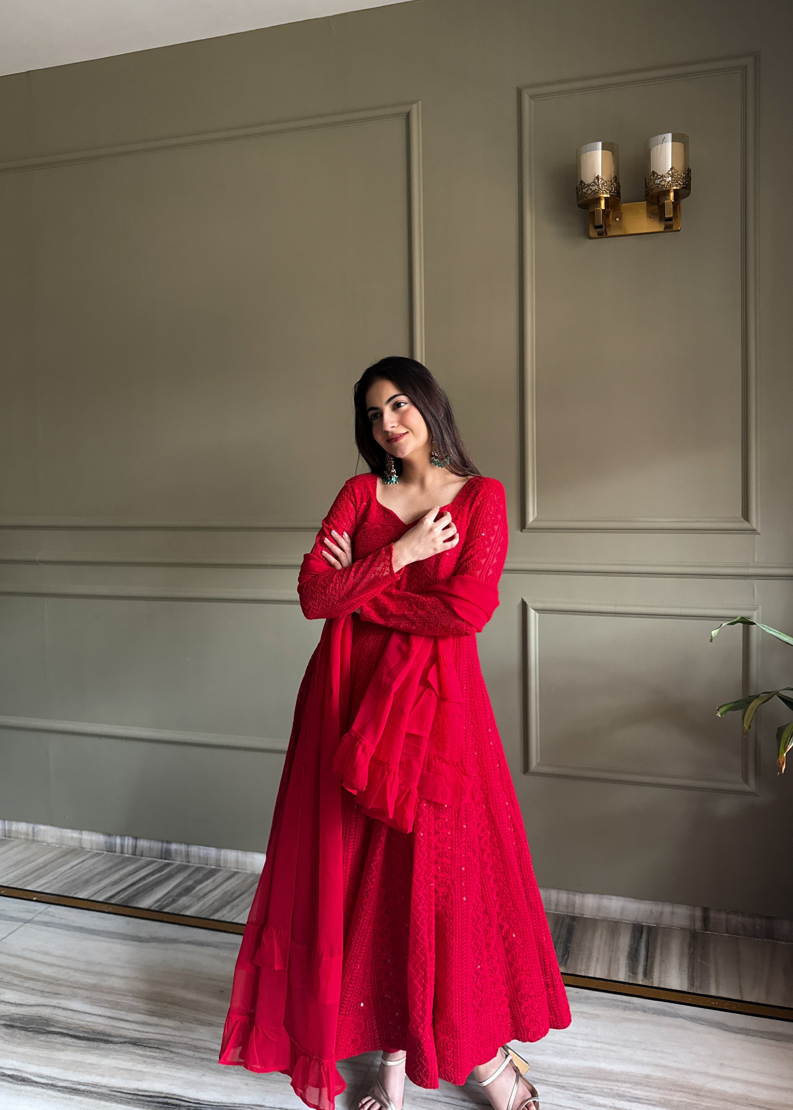 Eloriya Red Luxe Lucknowi Sequins Anarkali Suit Set | Eloriya India