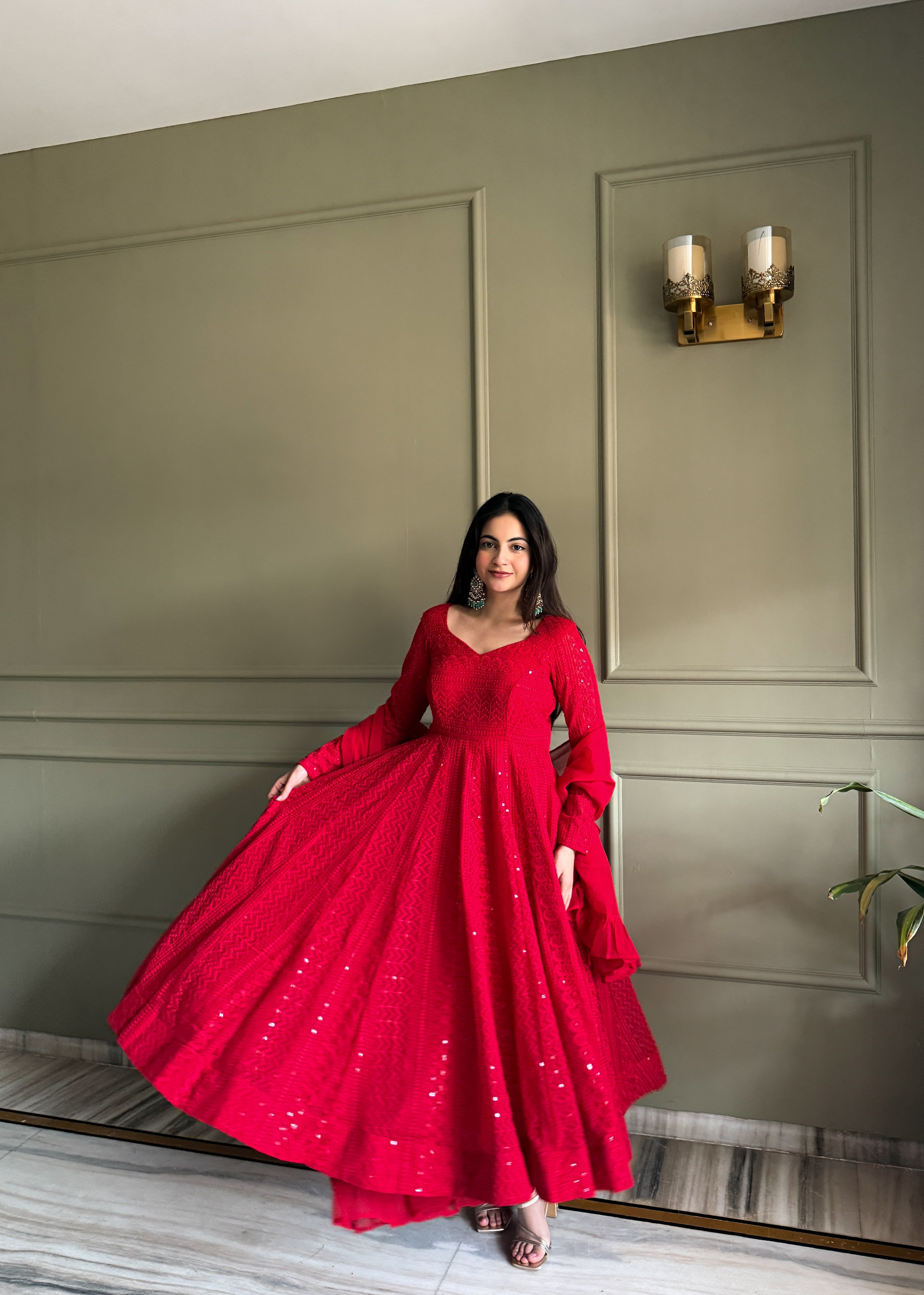 Eloriya Red Luxe Lucknowi Sequins Anarkali Suit Set - L [40] | Eloriya India