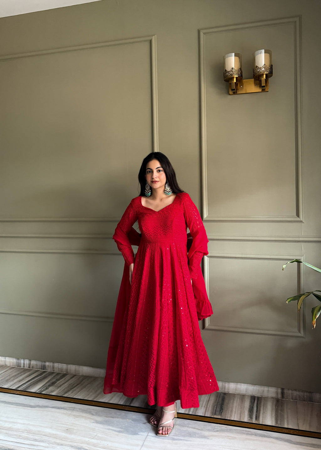 Eloriya Red Luxe Lucknowi Sequins Anarkali Suit Set - S [36] | Eloriya India