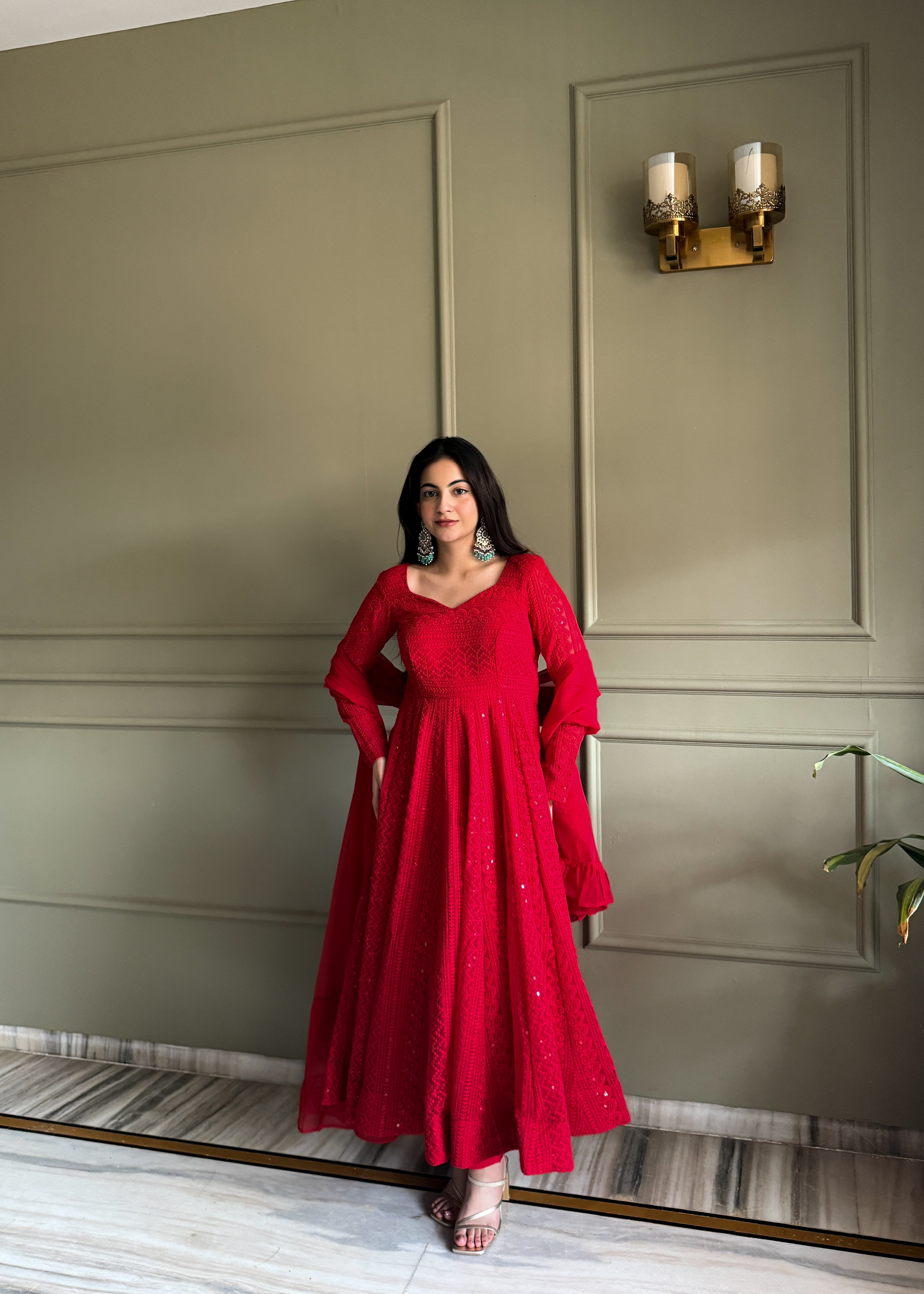 Eloriya Red Luxe Lucknowi Sequins Anarkali Suit Set - S [36] | Eloriya India
