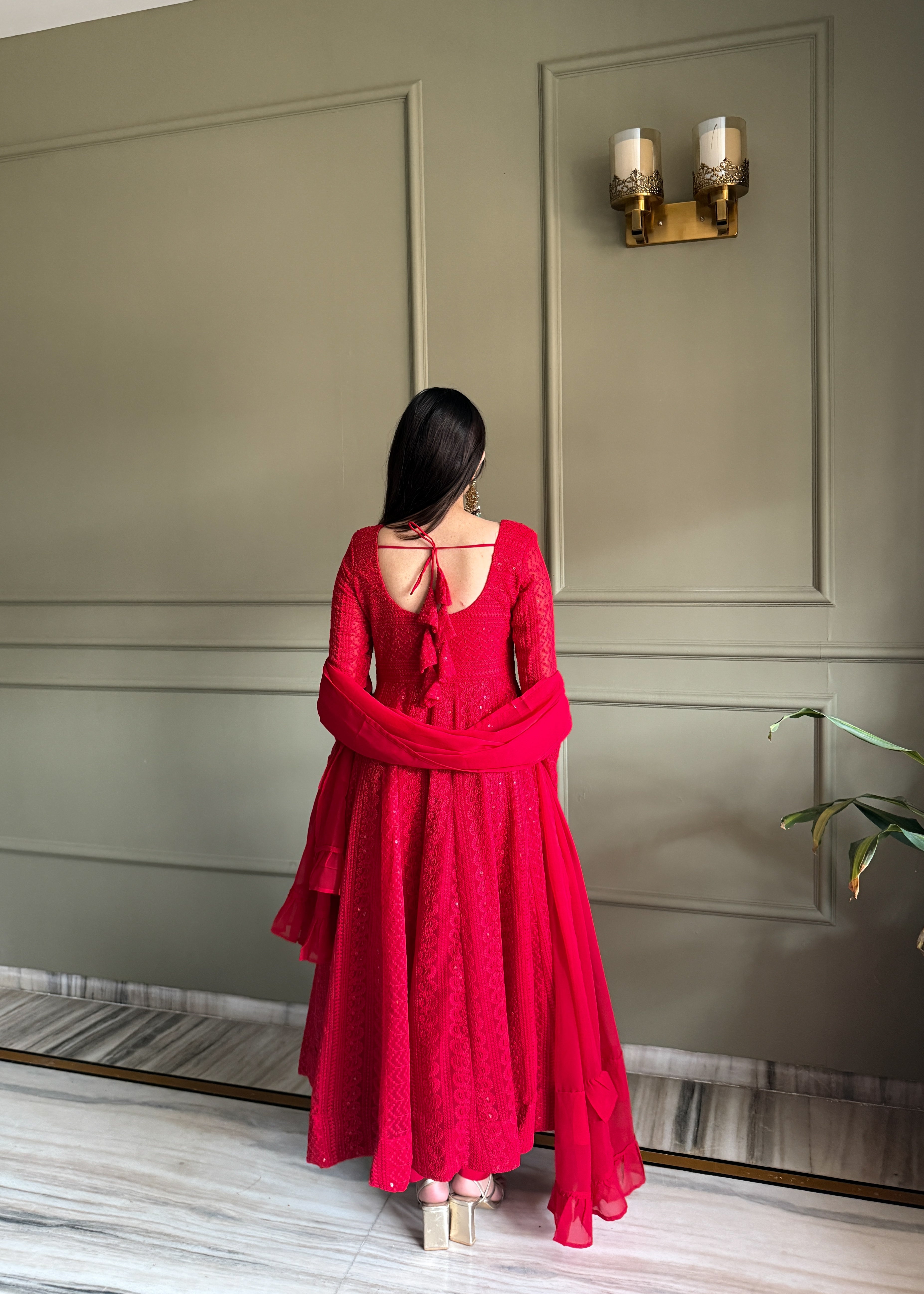 Eloriya Red Luxe Lucknowi Sequins Anarkali Suit Set - 2XL [44] | Eloriya India