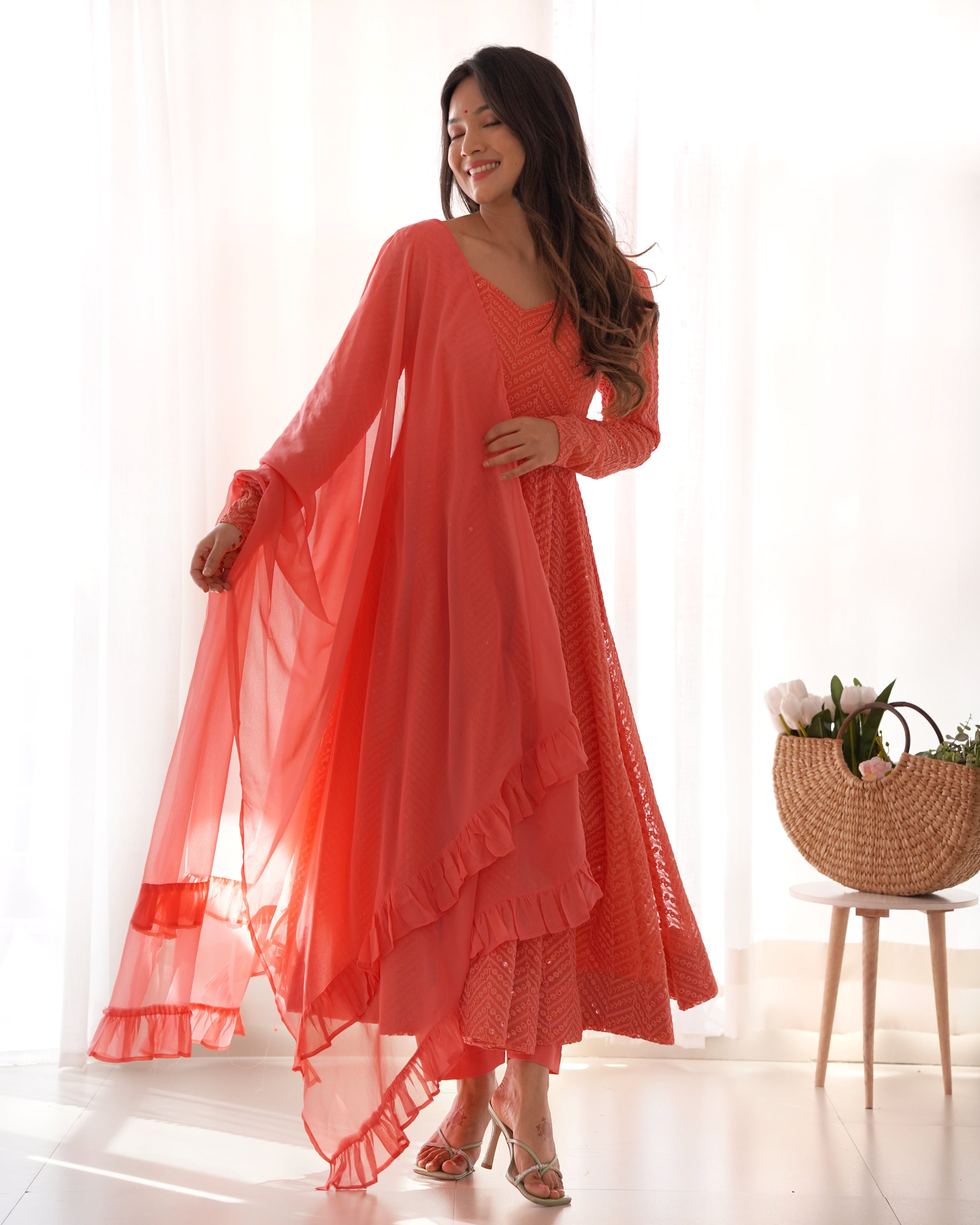 Eloriya Premium Quality Lukhnowi Peach Suit Set - M [38] | Eloriya India