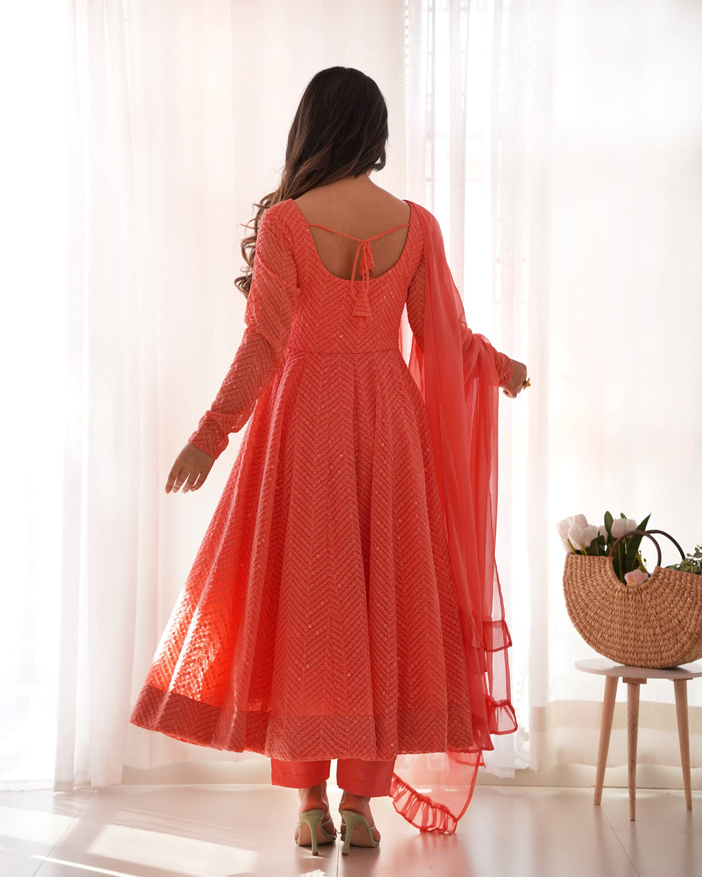 Eloriya Premium Quality Lukhnowi Peach Suit Set - L [40] | Eloriya India