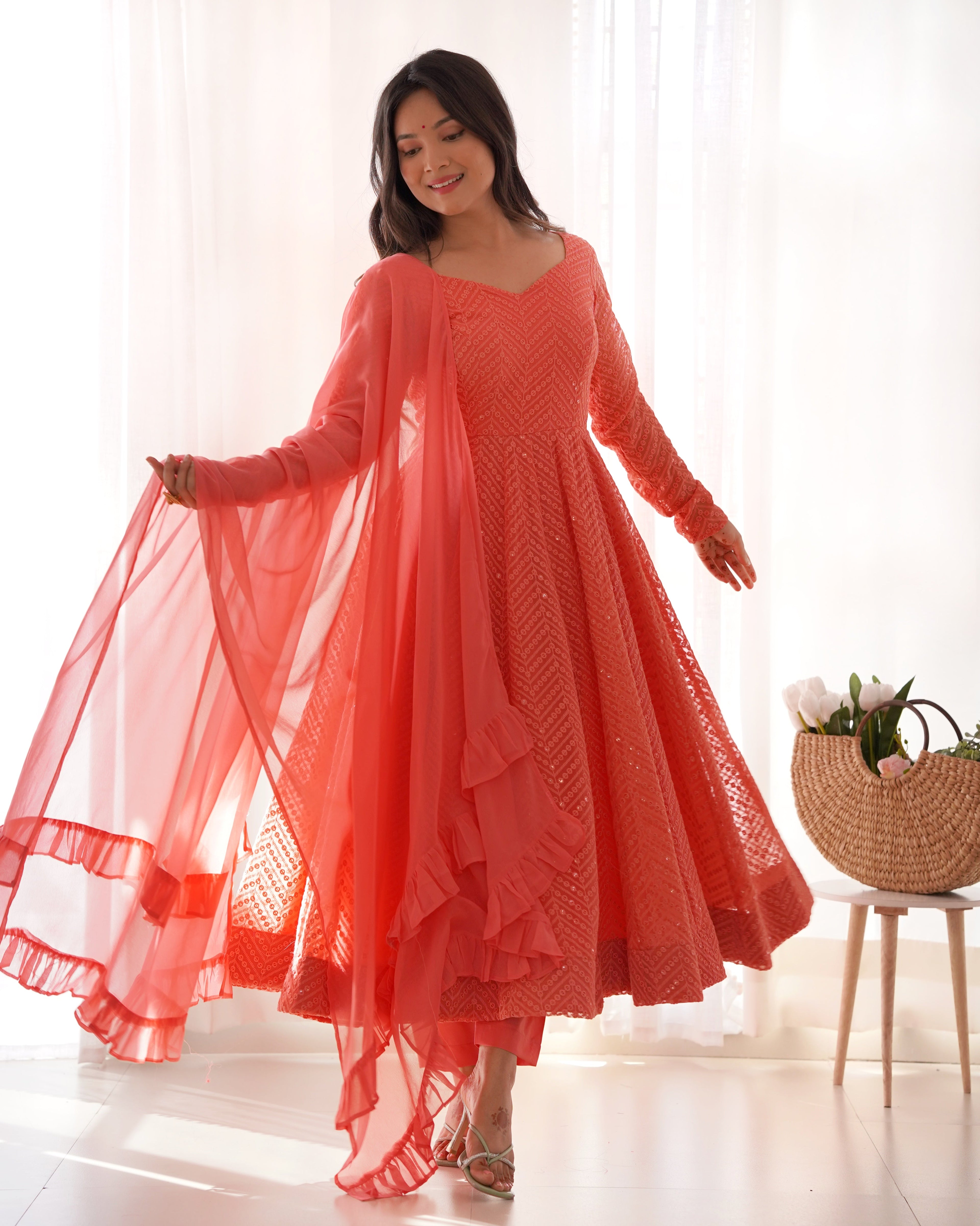 Eloriya Premium Quality Lukhnowi Peach Suit Set - S [36] | Eloriya India