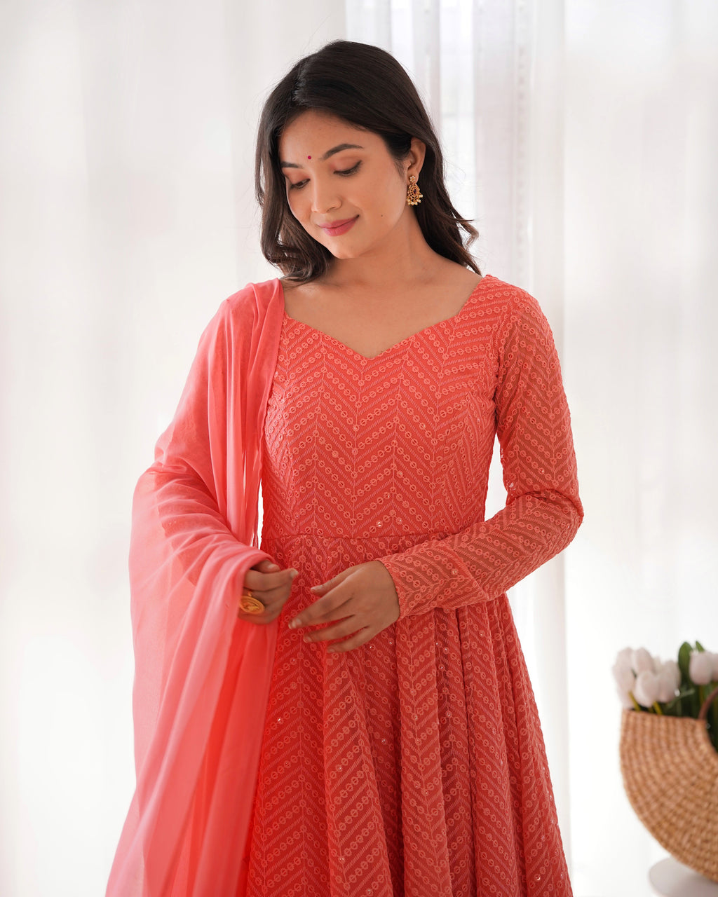Eloriya Premium Quality Lukhnowi Peach Suit Set | Eloriya India