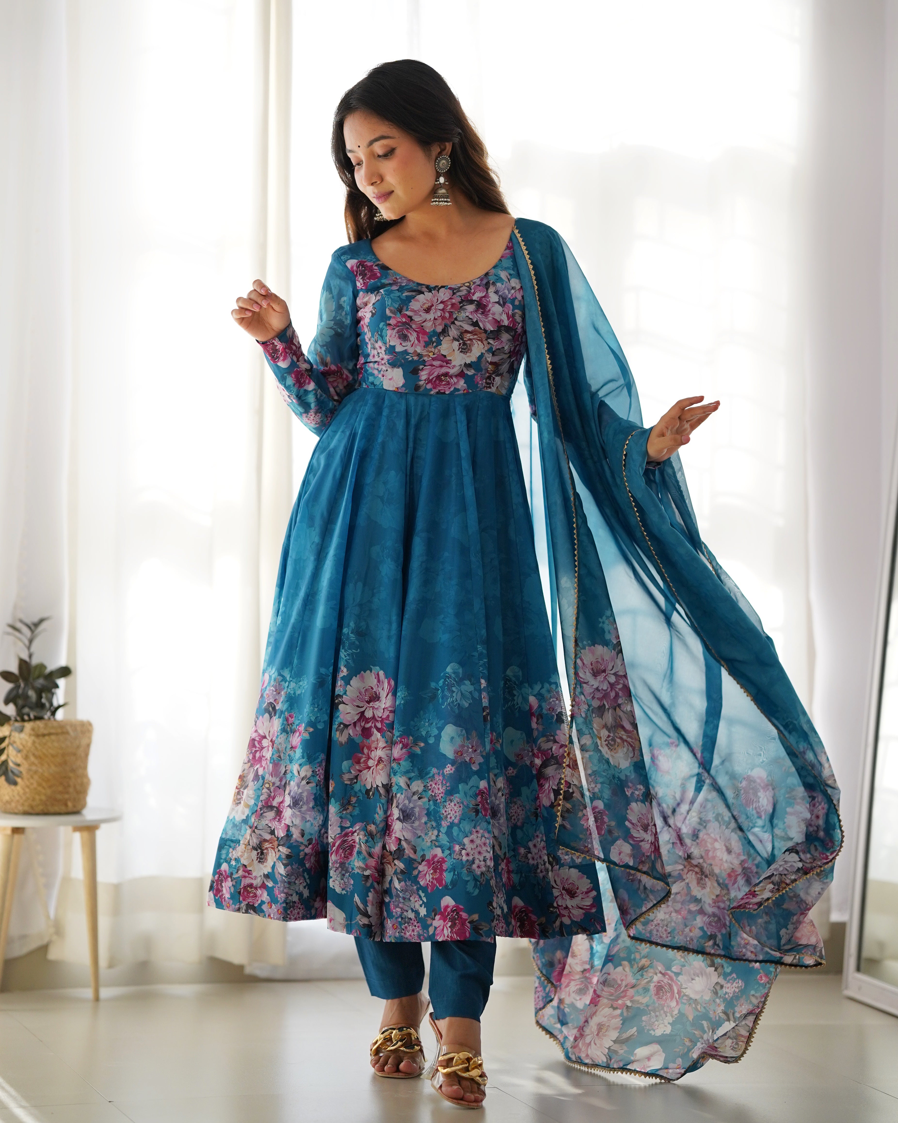 Eloriya Premium Quality Silk Gown Anarkali Suit Set - XXL(44) | Eloriya India