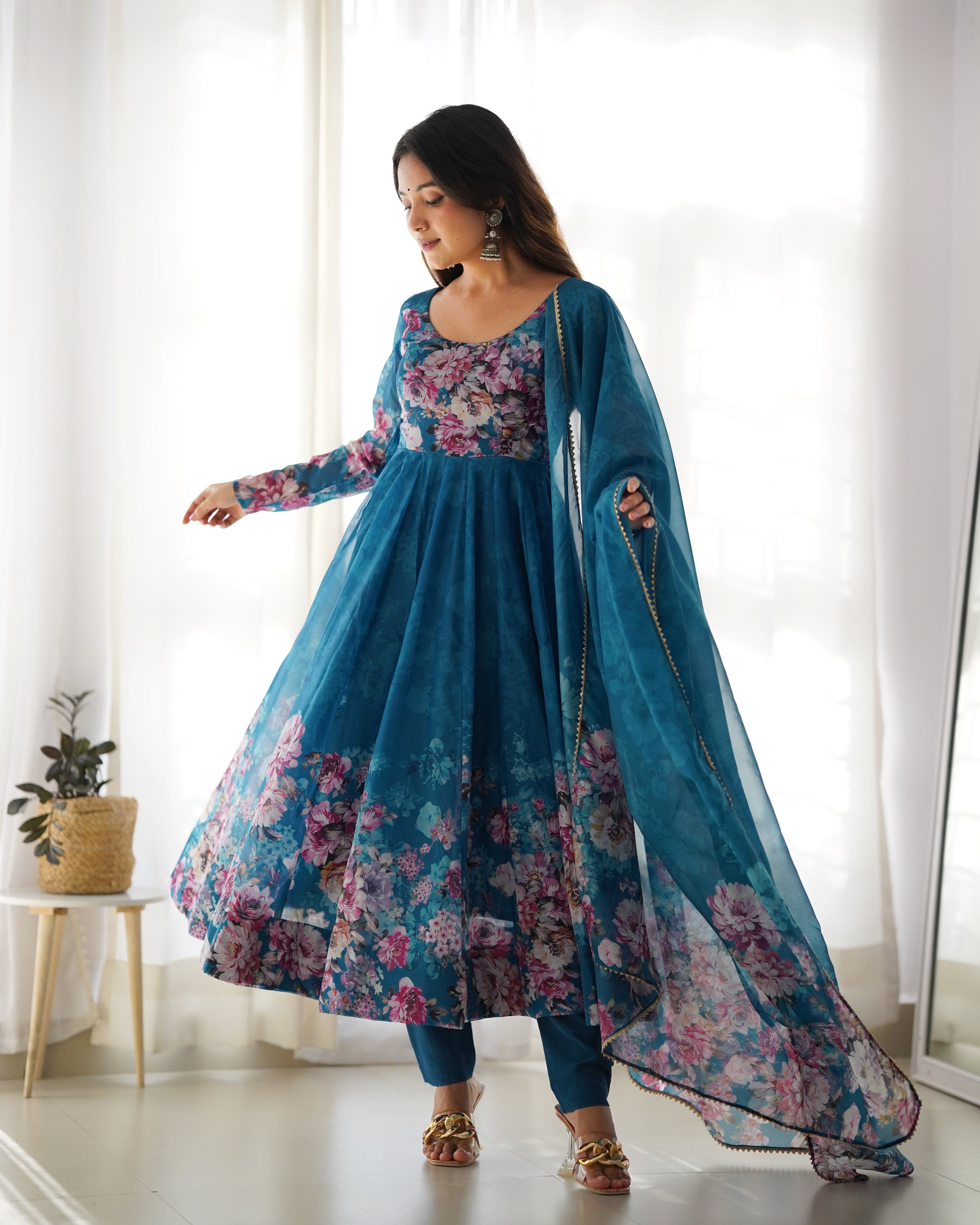 Eloriya Premium Quality Silk Gown Anarkali Suit Set - XS(34) | Eloriya India