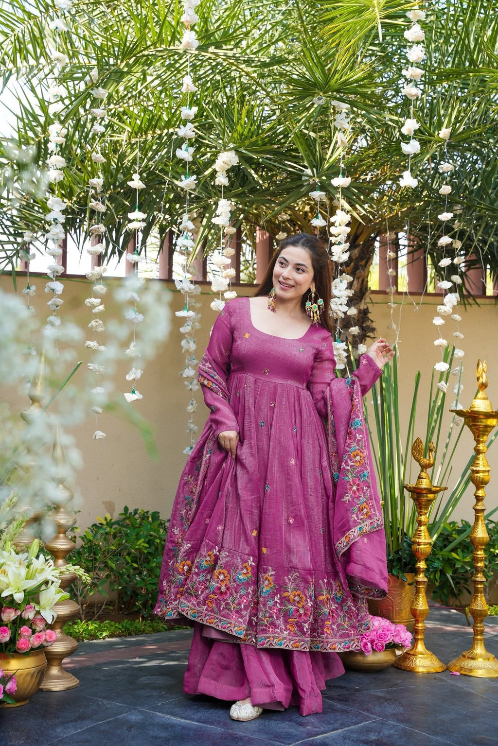 Eloriya Dusty Rose Shades Crunchy Silk Anarkali Palazzo Suit Set - 2XL [44] | Eloriya India