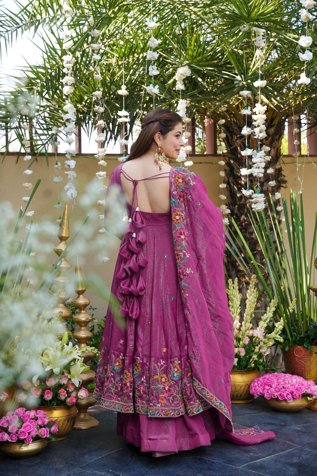 Eloriya Dusty Rose Shades Crunchy Silk Anarkali Palazzo Suit Set - L [40] | Eloriya India