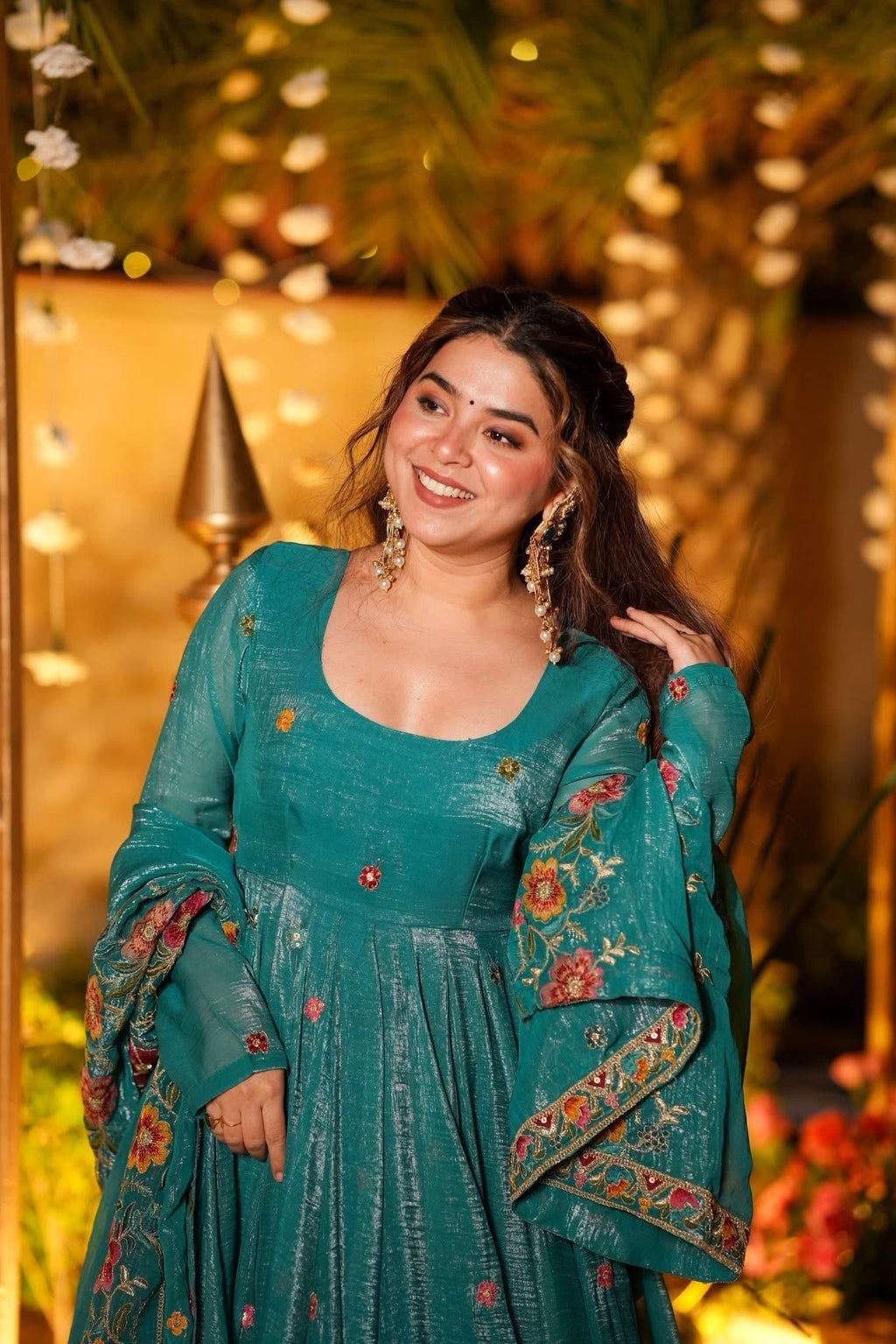 Eloriya Rama Shades Crunchy Silk Anarkali Palazzo Suit Set - L [40] | Eloriya India