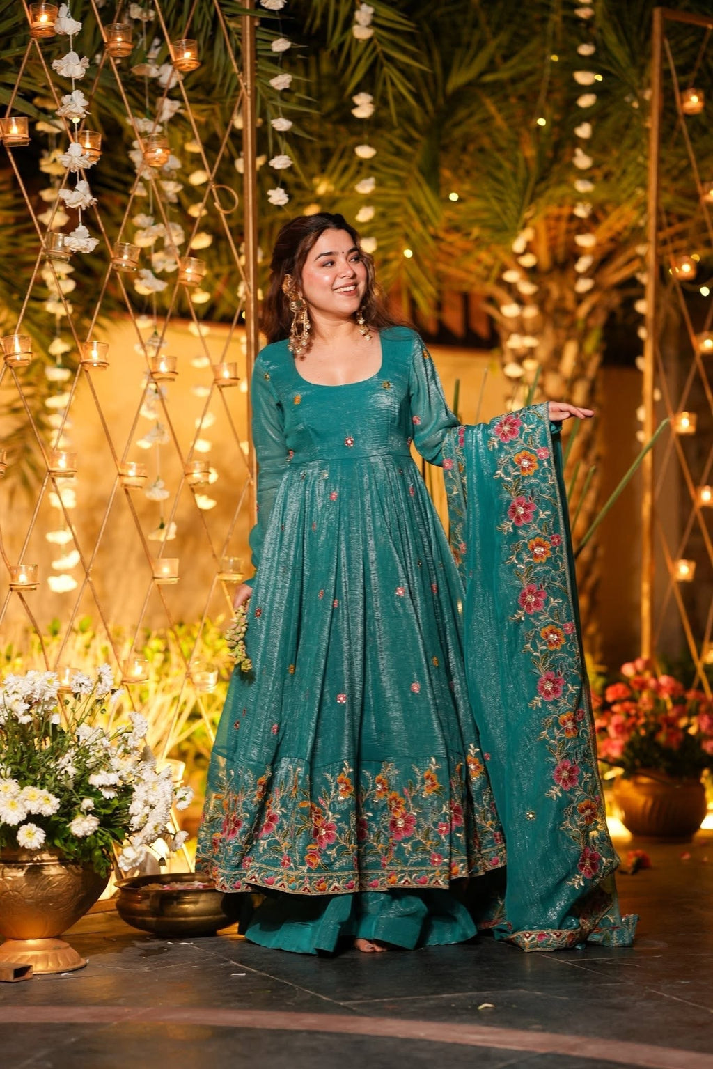 Eloriya Rama Shades Crunchy Silk Anarkali Palazzo Suit Set - 2XL [44] | Eloriya India