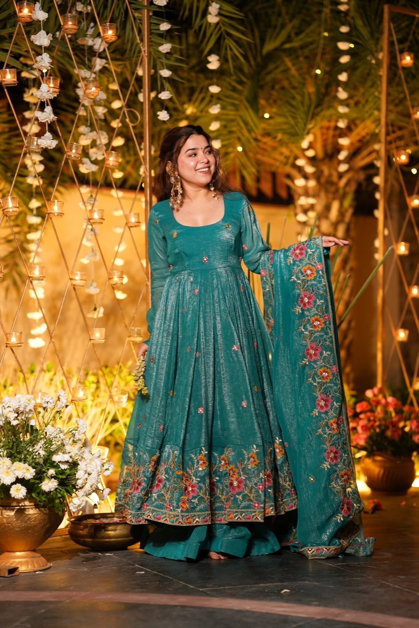 Eloriya Rama Shades Crunchy Silk Anarkali Palazzo Suit Set - 2XL [44] | Eloriya India