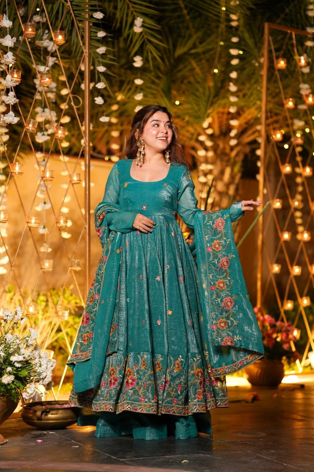 Eloriya Rama Shades Crunchy Silk Anarkali Palazzo Suit Set - XS [34] | Eloriya India