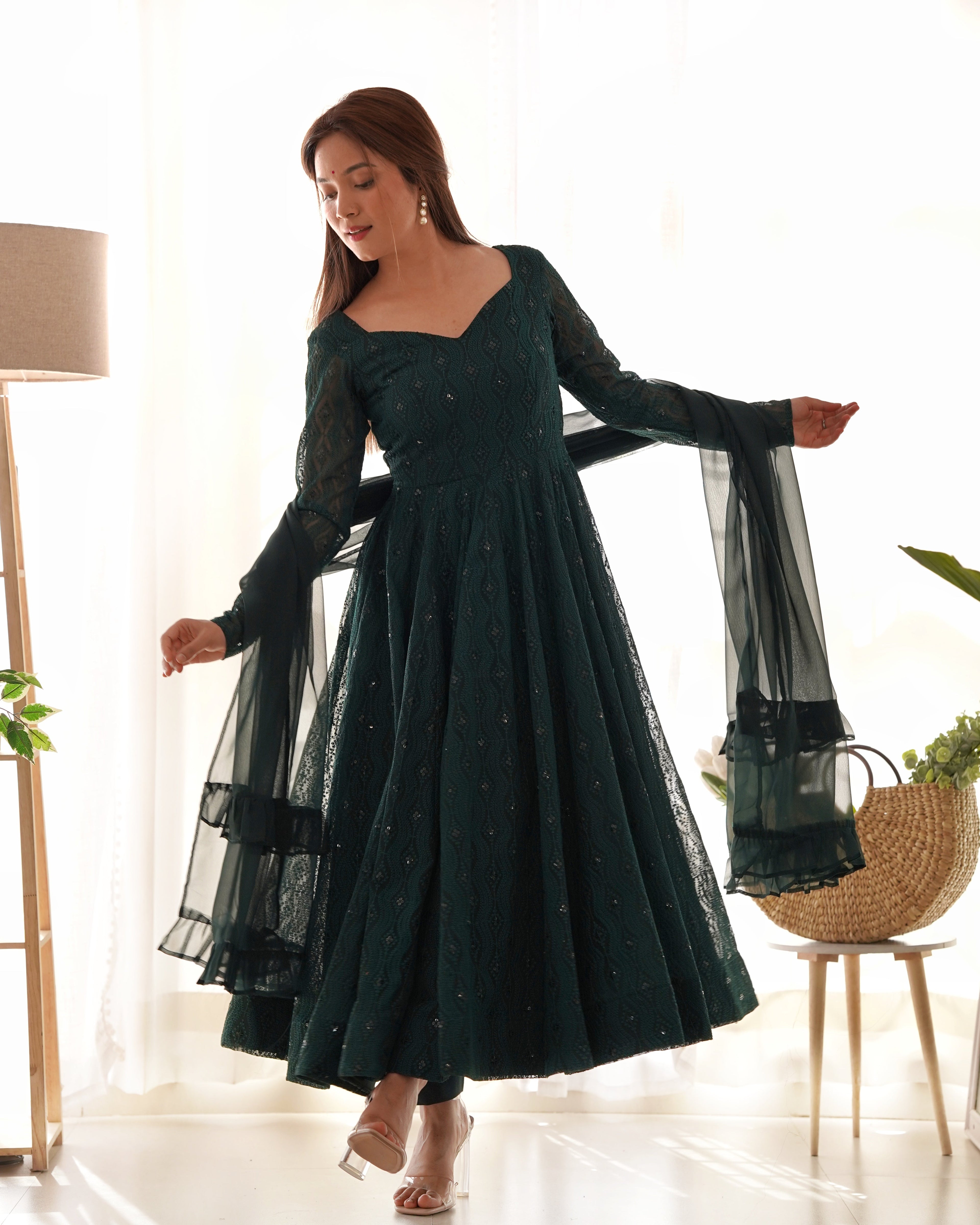 Eloriya Premium Quality Lukhnowi Green Suit Set - XL [42] | Eloriya India