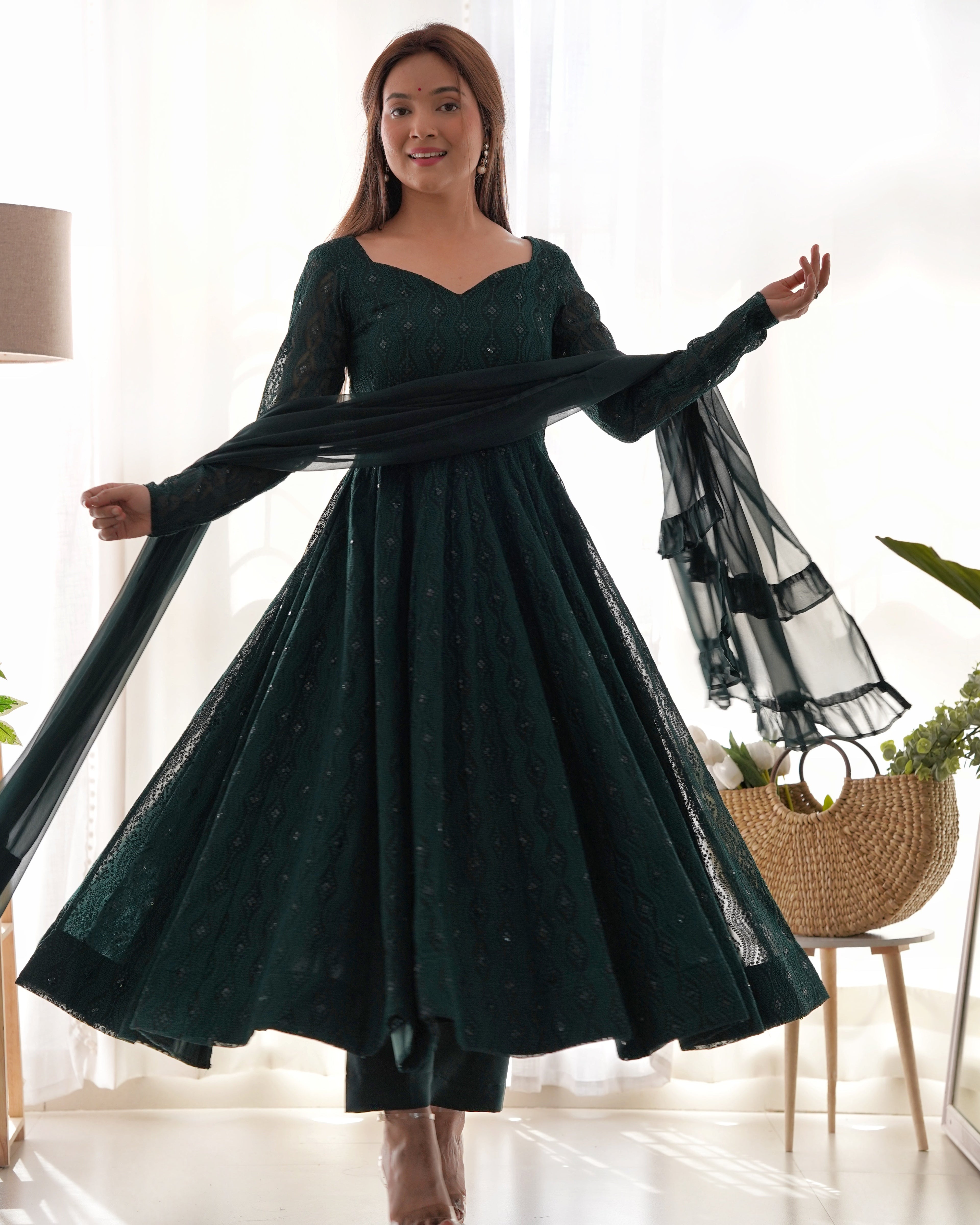Eloriya Premium Quality Lukhnowi Green Suit Set - XS [34] | Eloriya India