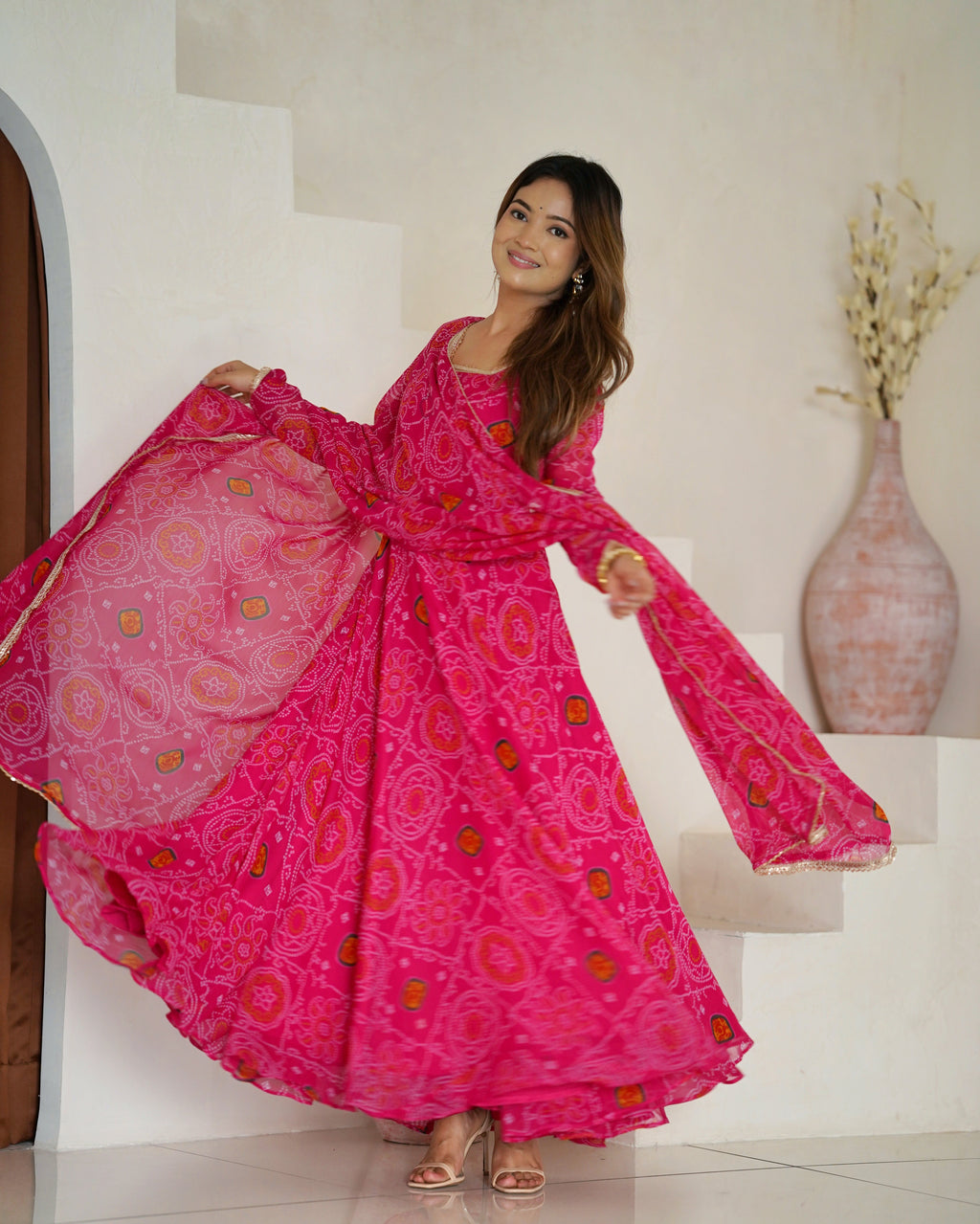 Eloriya Premium Quality Bandhej Pink Anarkali Suit Set - M [38] | Eloriya India