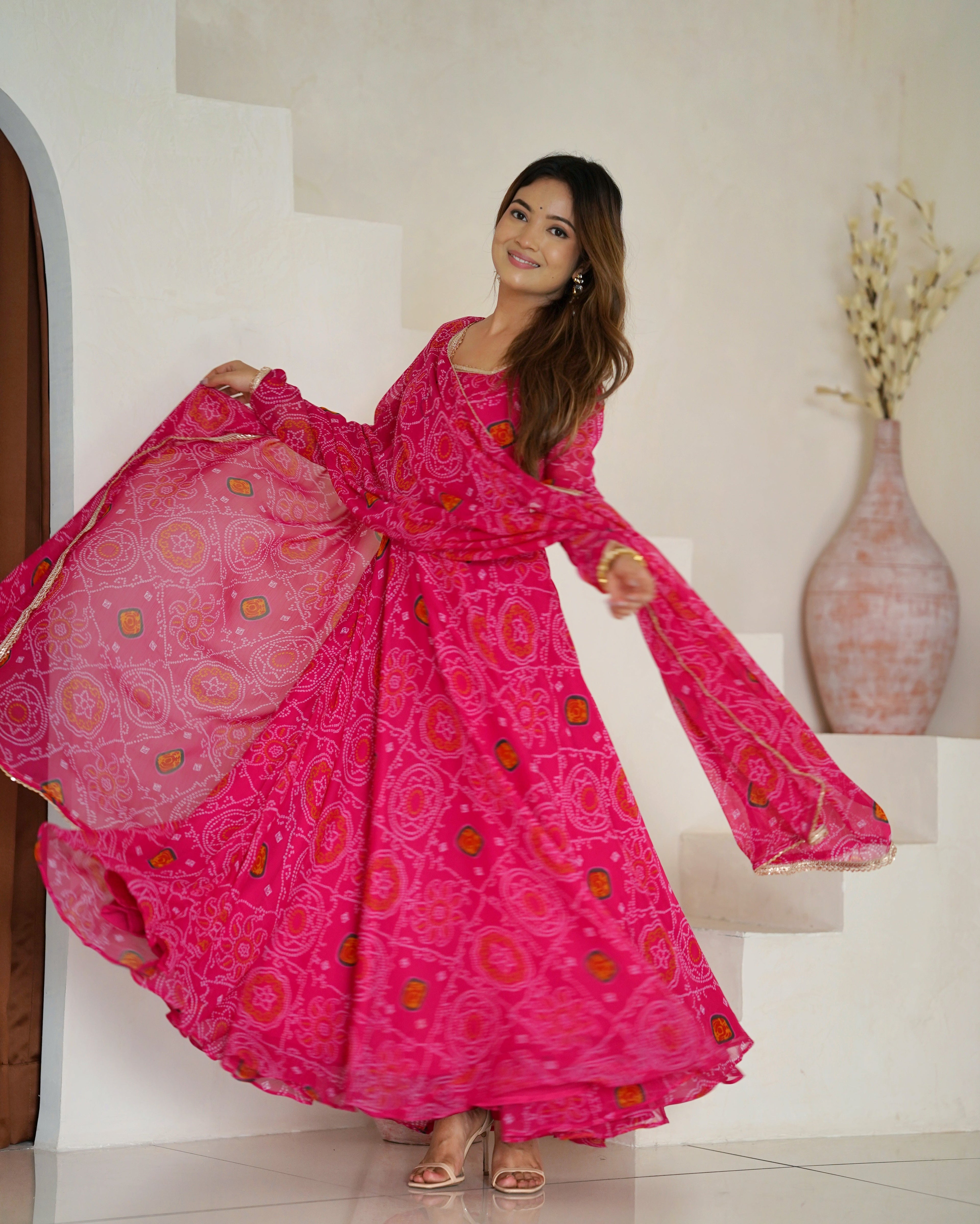 Eloriya Premium Quality Bandhej Pink Anarkali Suit Set - M [38] | Eloriya India