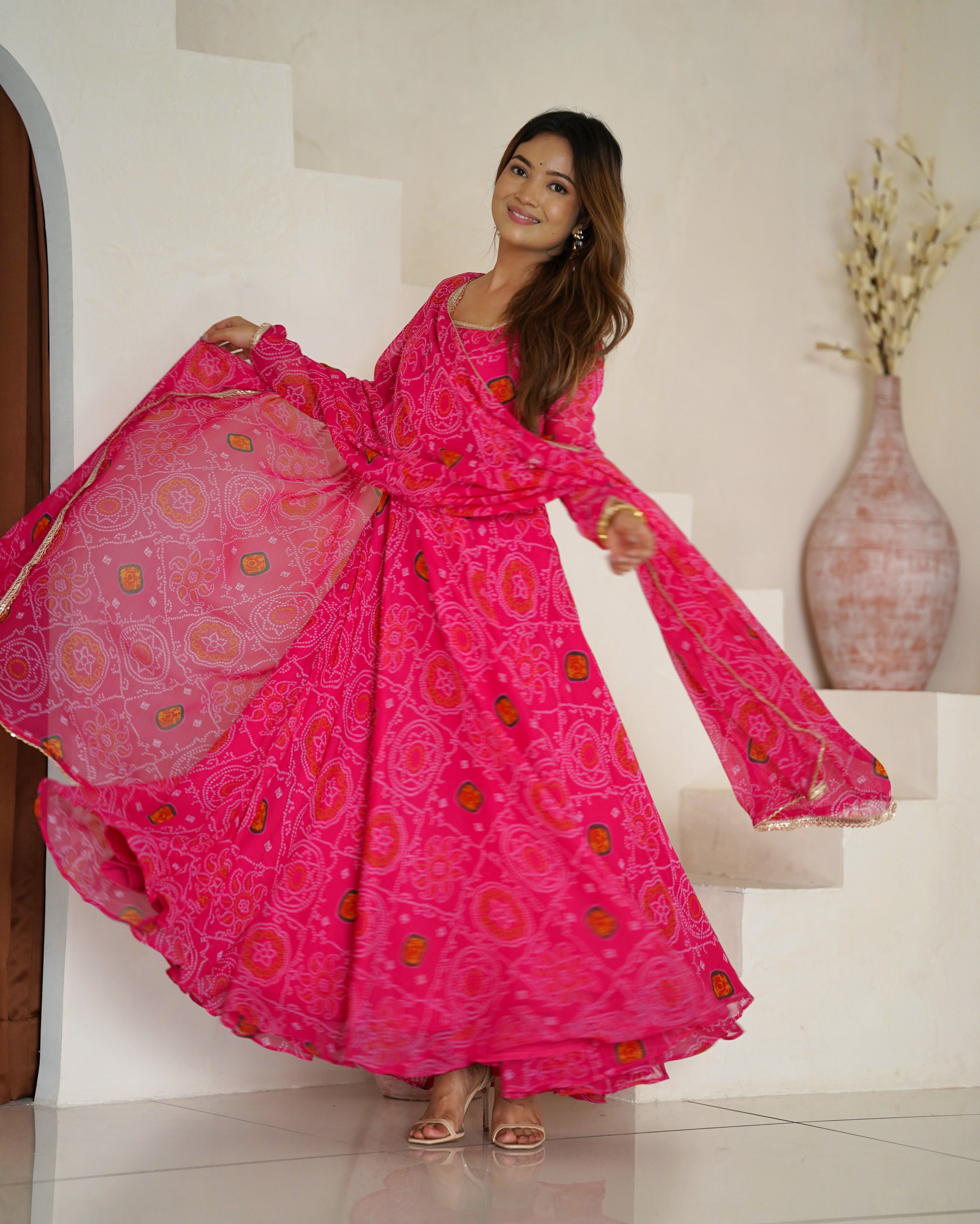 Eloriya Premium Quality Bandhej Pink Anarkali Suit Set - XL [42] | Eloriya India