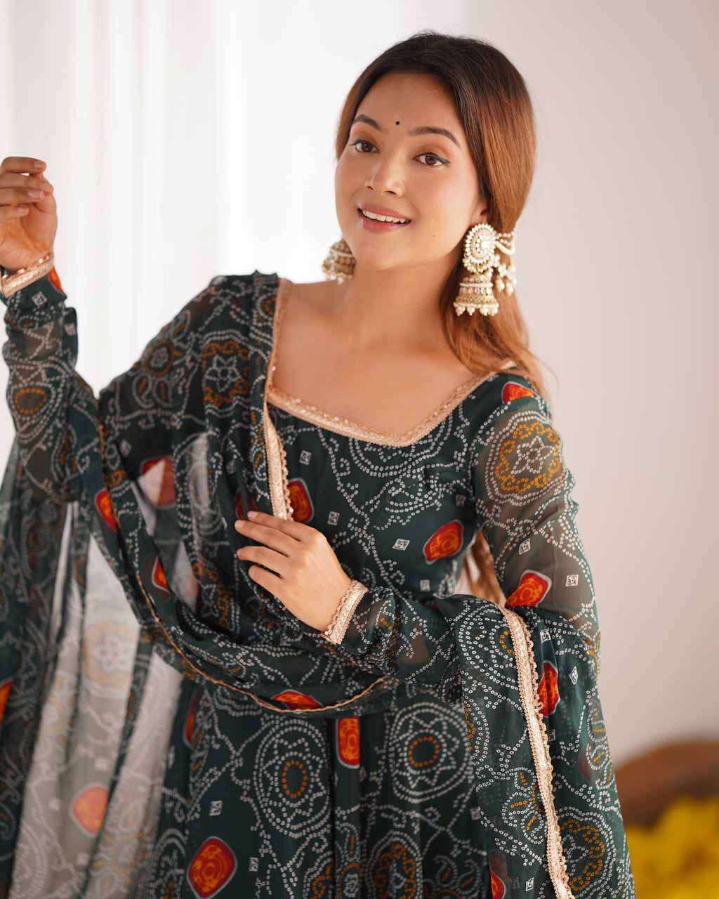 Eloriya Premium Quality Bandhej Green Anarkali Suit Set - L [40] | Eloriya India