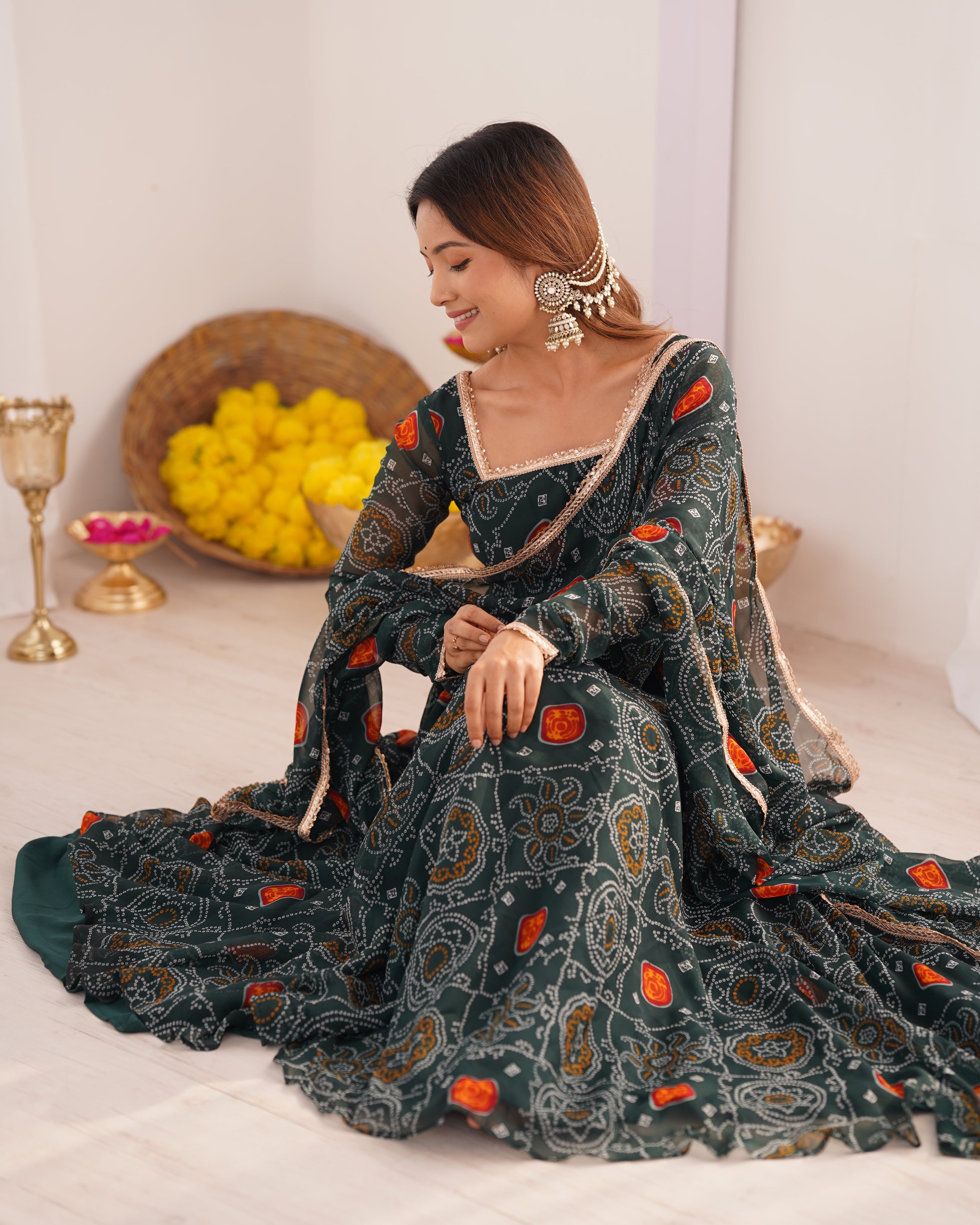 Eloriya Premium Quality Bandhej Green Anarkali Suit Set - XL [42] | Eloriya India