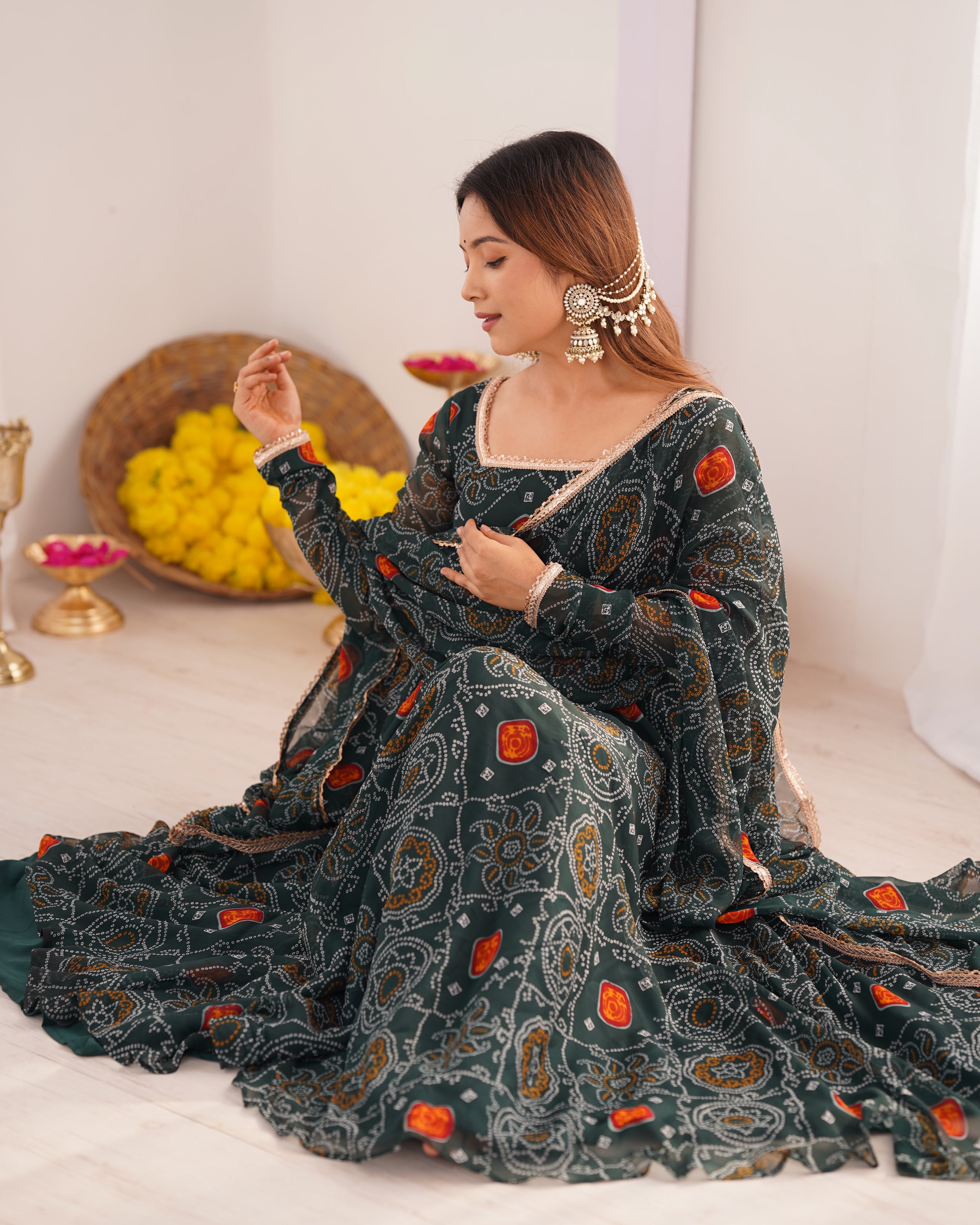 Eloriya Premium Quality Bandhej Green Anarkali Suit Set - 2XL [44] | Eloriya India