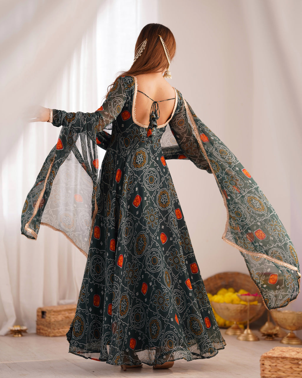 Eloriya Premium Quality Bandhej Green Anarkali Suit Set | Eloriya India