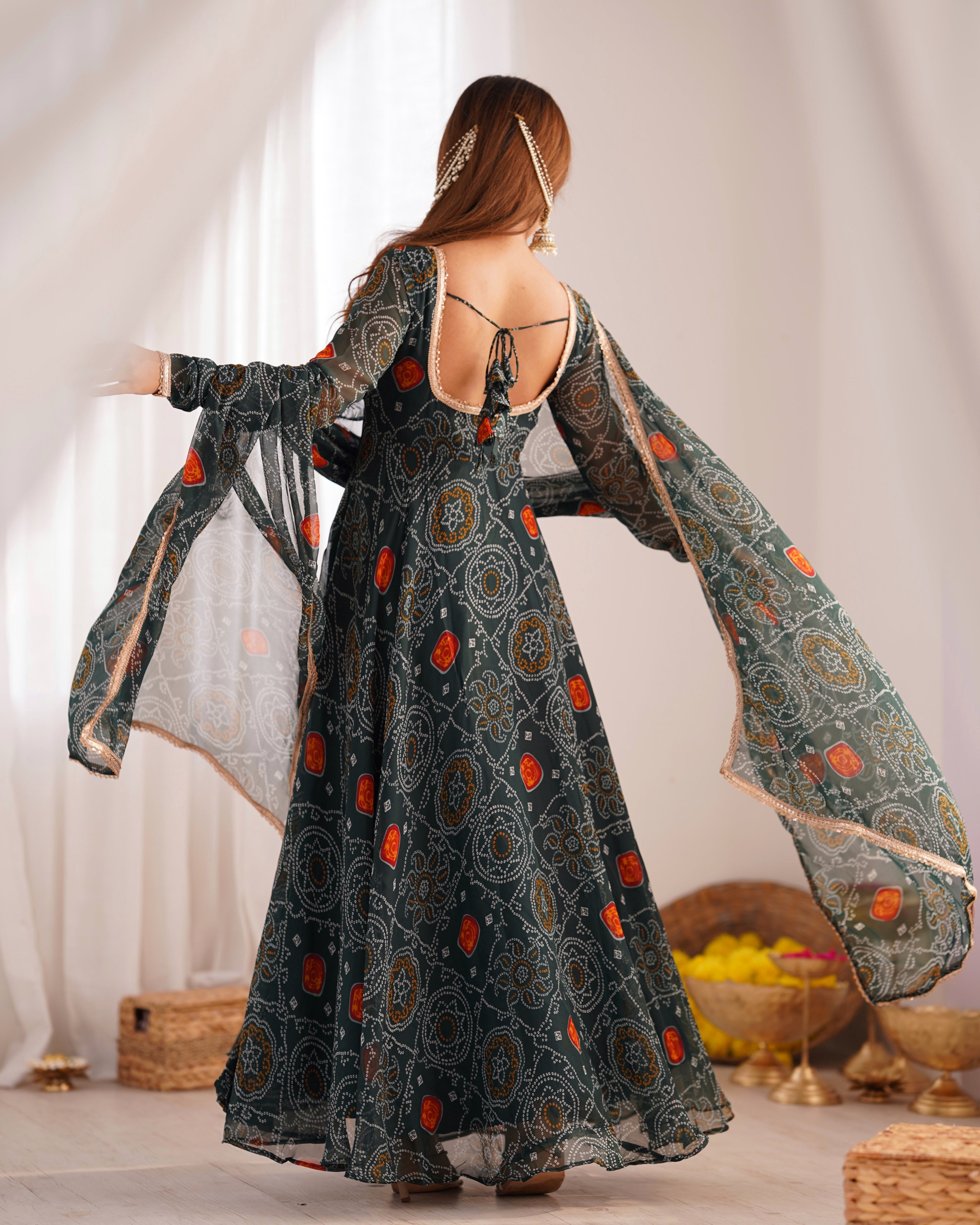 Eloriya Premium Quality Bandhej Green Anarkali Suit Set | Eloriya India