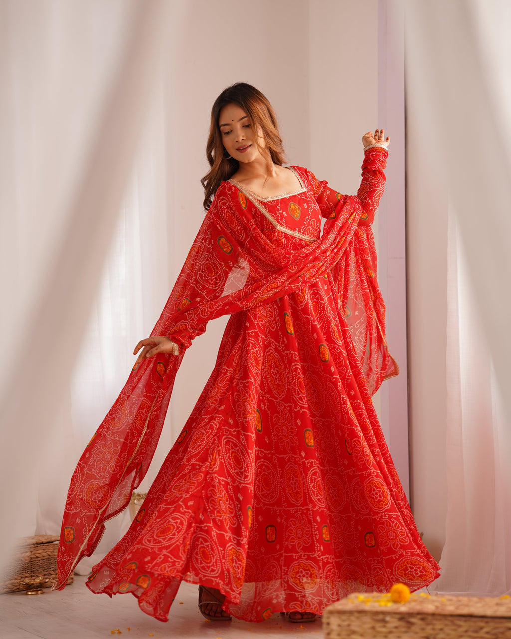 Eloriya Premium Quality Bandhej Red Anarkali Suit Set - L [40] | Eloriya India