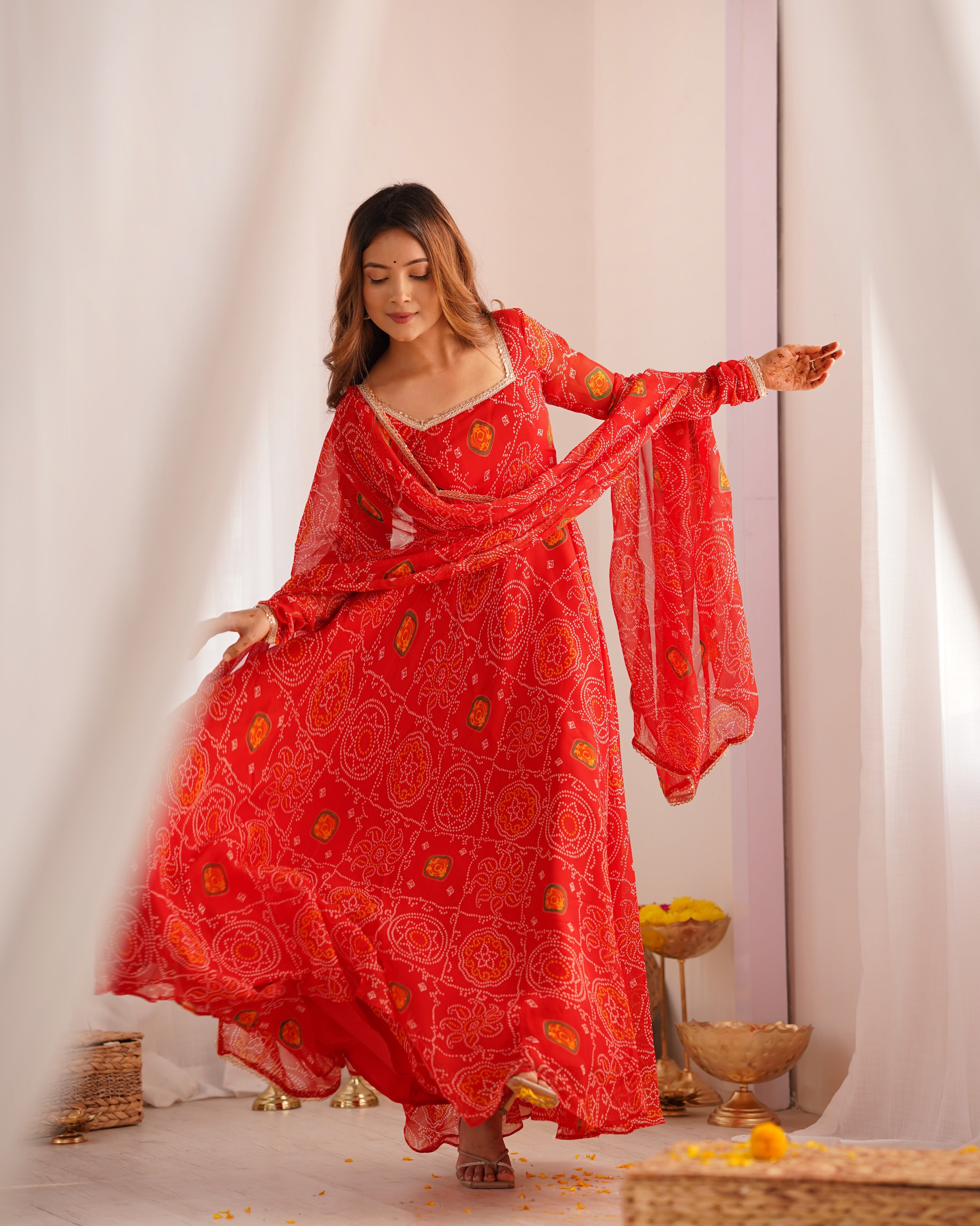 Eloriya Premium Quality Bandhej Red Anarkali Suit Set | Eloriya India