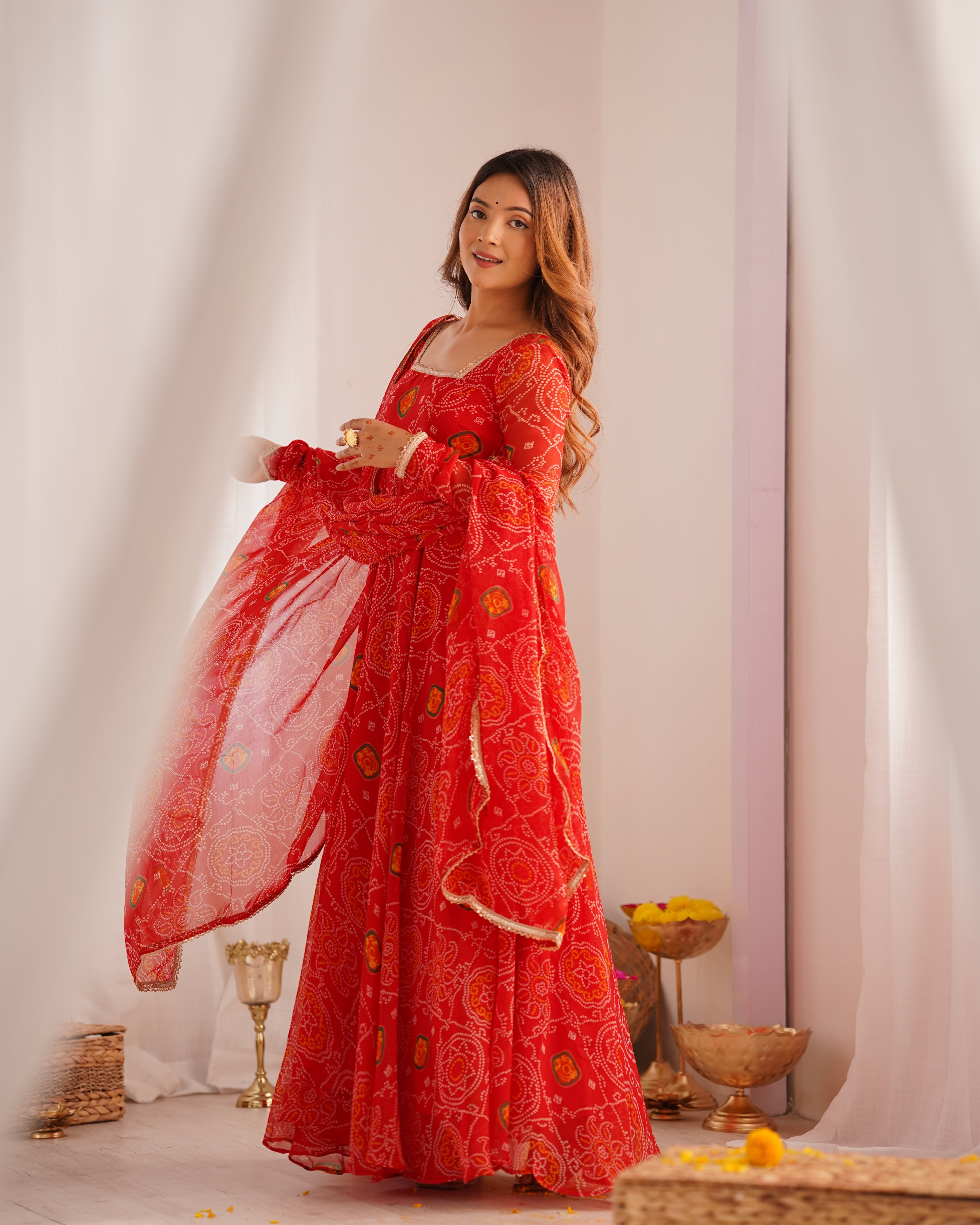 Eloriya Premium Quality Bandhej Red Anarkali Suit Set - M [38] | Eloriya India