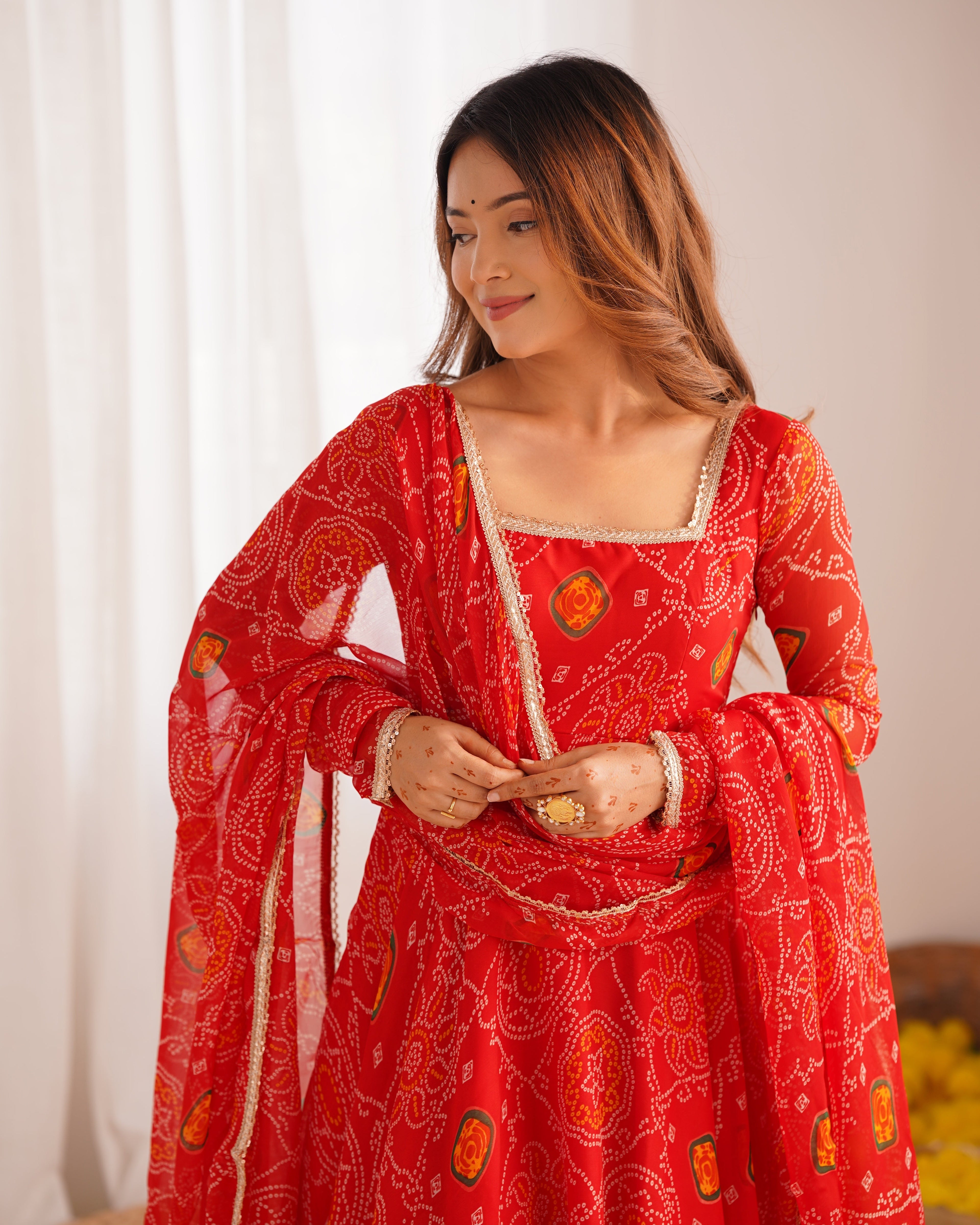 Eloriya Premium Quality Bandhej Red Anarkali Suit Set | Eloriya India