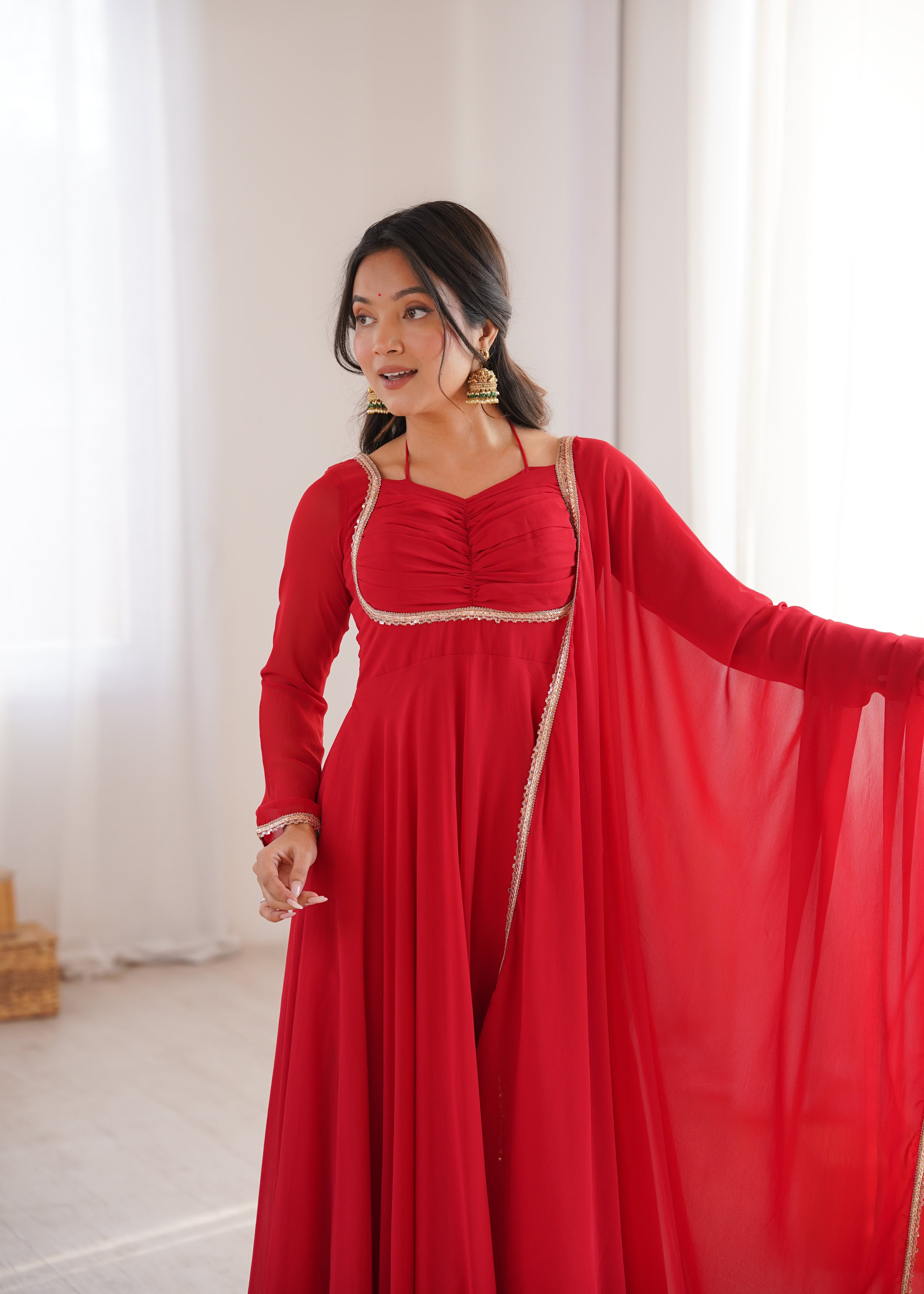 Eloriya Premium Quality Blue Shades And Red Anarkali Suit Set - Teal Blue | Eloriya India