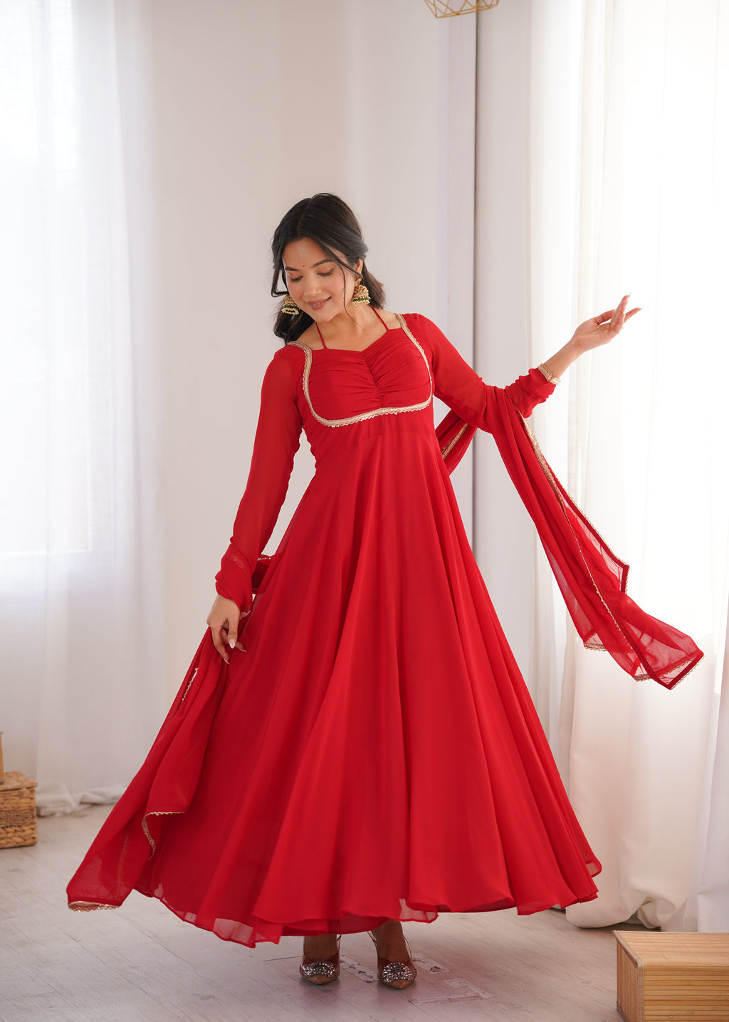 Eloriya Premium Quality Blue Shades And Red Anarkali Suit Set - Red | Eloriya India