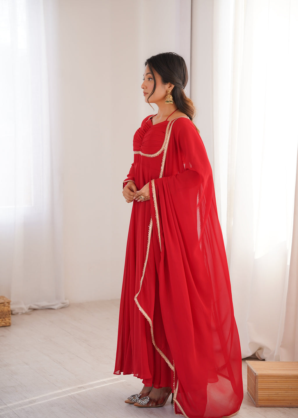 Eloriya Premium Quality Blue Shades And Red Anarkali Suit Set - Red | Eloriya India
