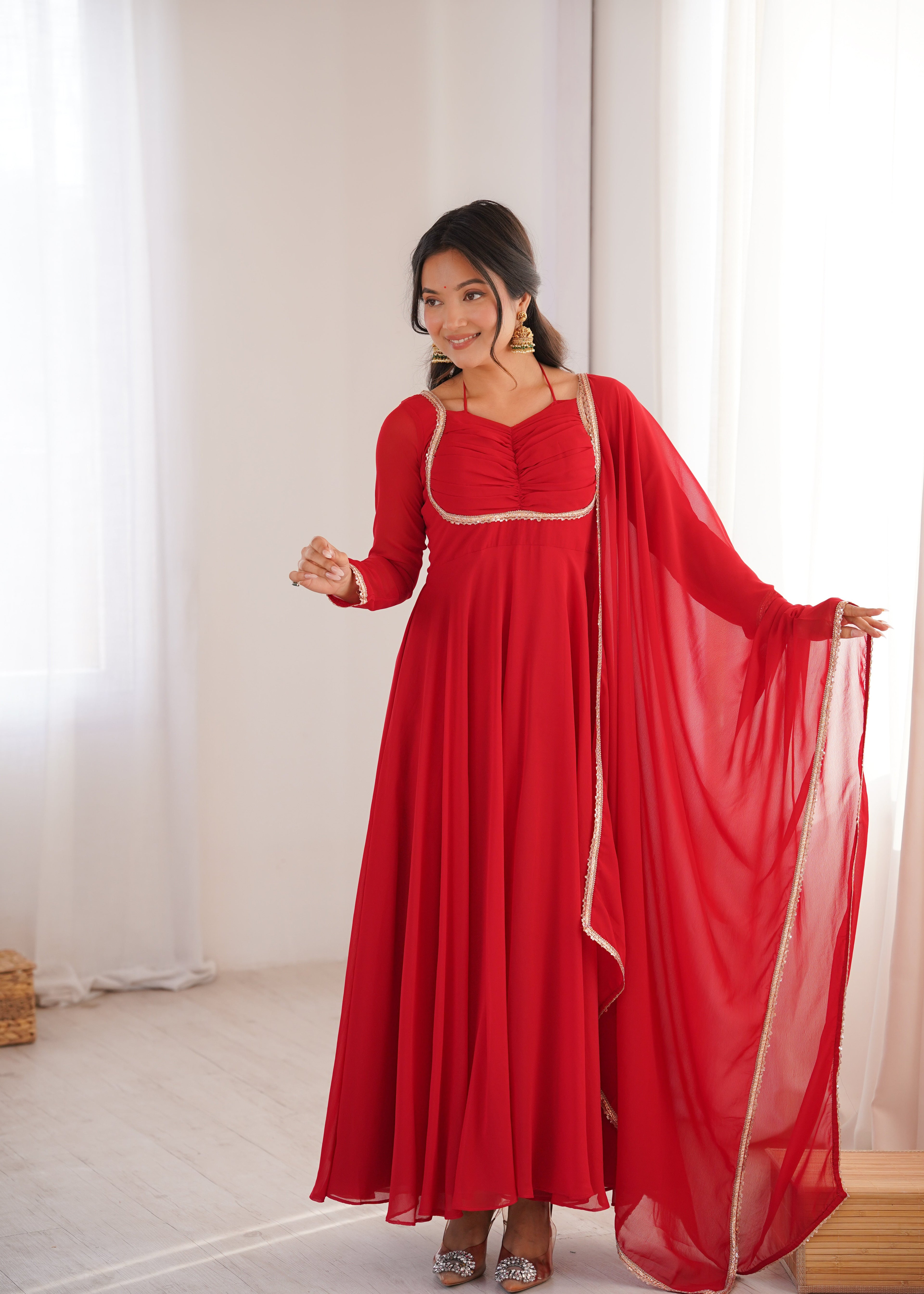 Eloriya Premium Quality Blue Shades And Red Anarkali Suit Set - Red | Eloriya India