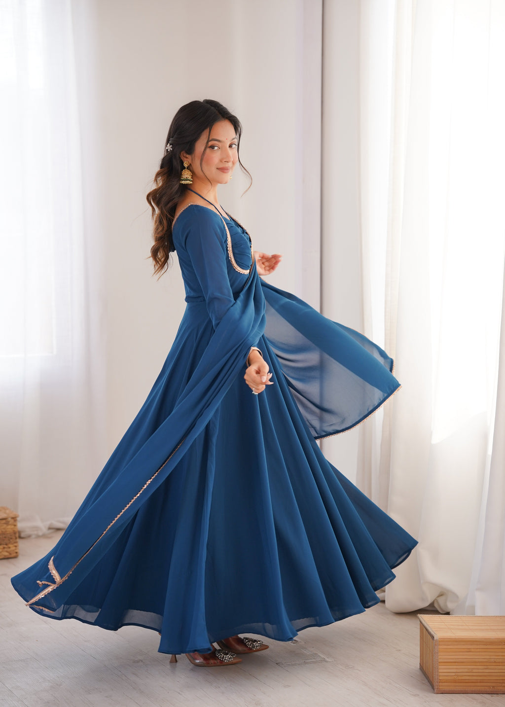 Eloriya Premium Quality Blue Shades And Red Anarkali Suit Set - Teal Blue | Eloriya India