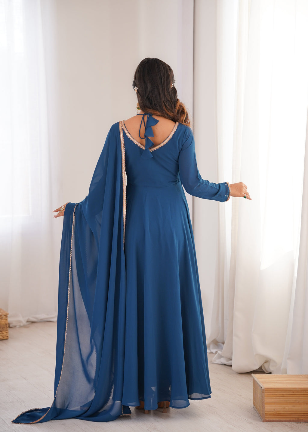 Eloriya Premium Quality Blue Shades And Red Anarkali Suit Set - Teal Blue | Eloriya India