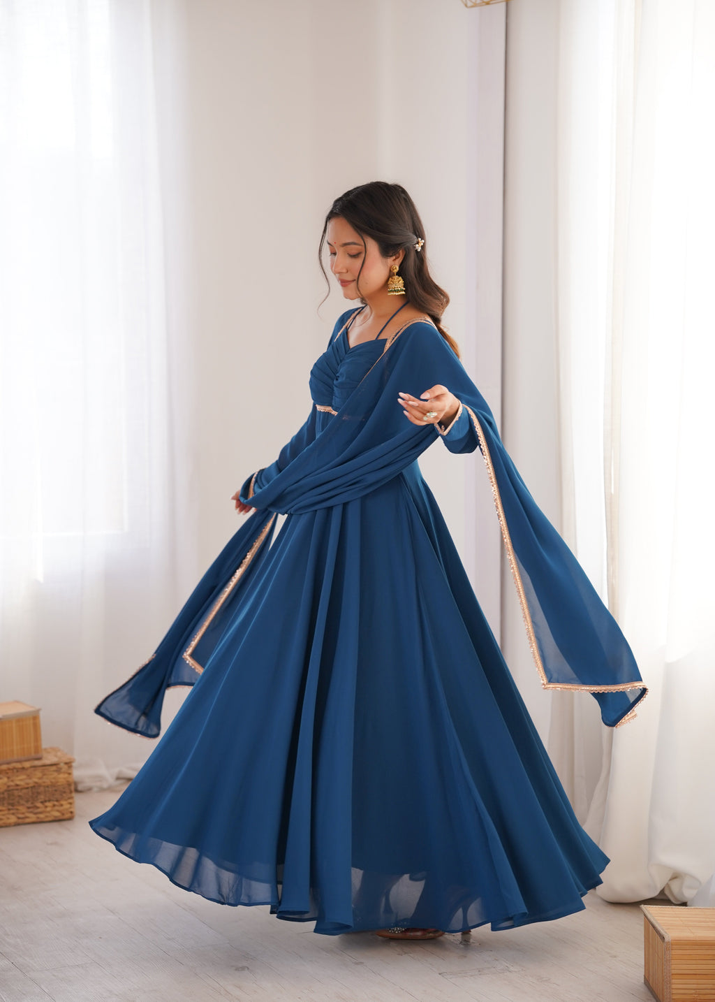 Eloriya Premium Quality Blue Shades And Red Anarkali Suit Set - Teal Blue | Eloriya India