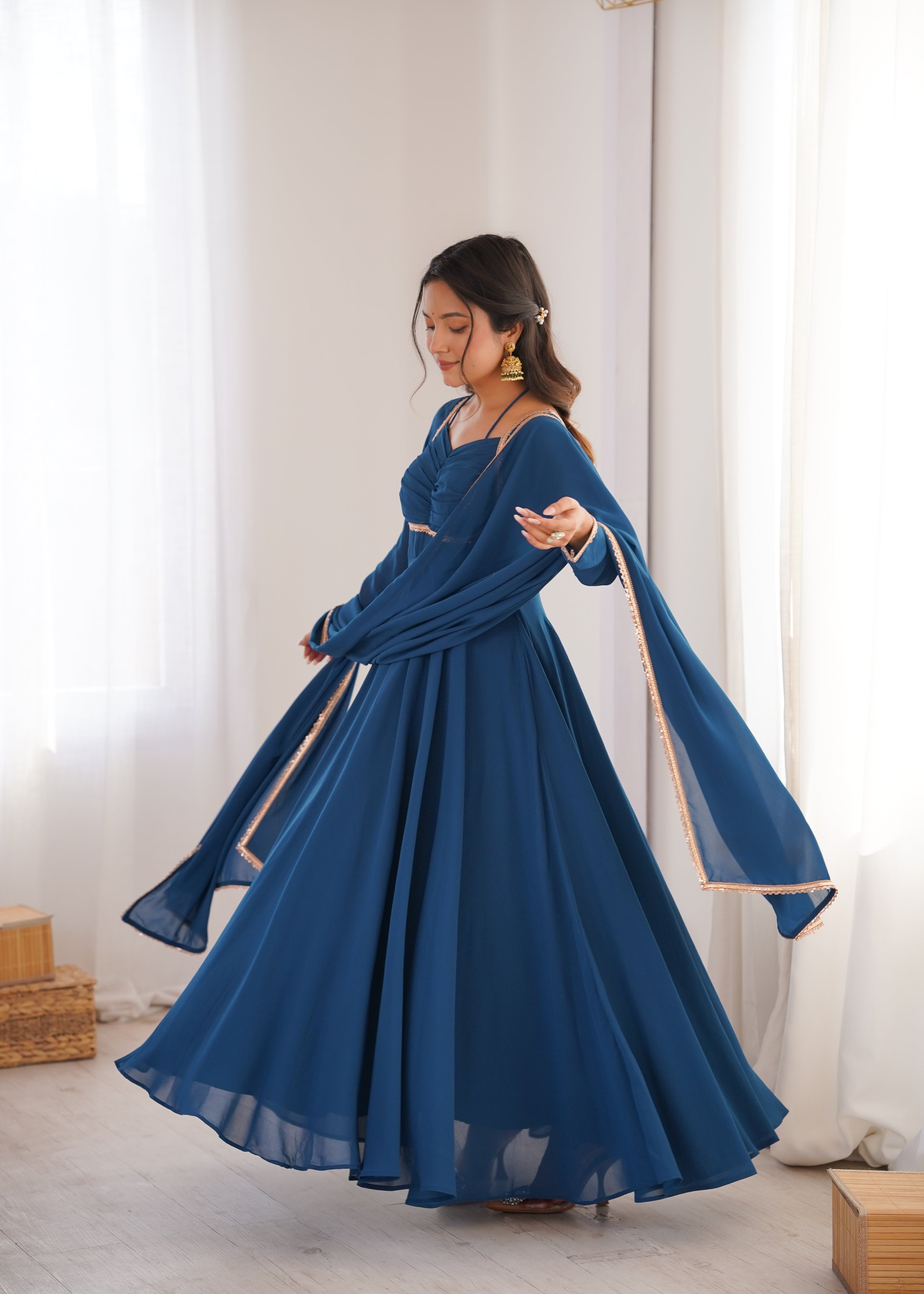 Eloriya Premium Quality Blue Shades And Red Anarkali Suit Set - Teal Blue | Eloriya India