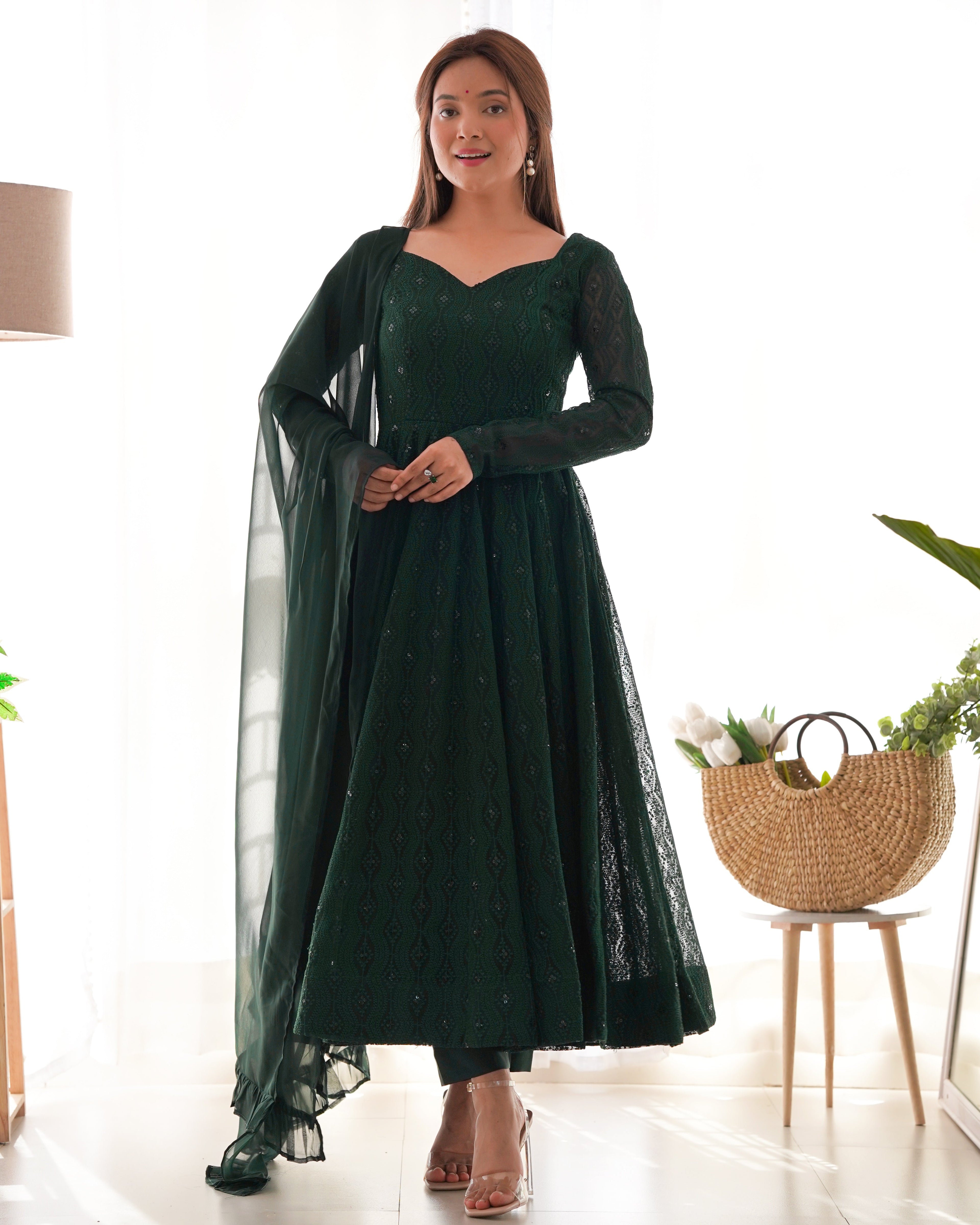 Eloriya Bottle Green Designer Anarkali Suit With Pant And Dupatta - L [40] | Eloriya India